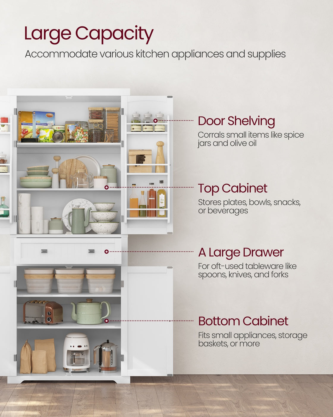 Tall Kitchen Pantry Cupboard - 76L - MDF - Adjustable Storage Shelves