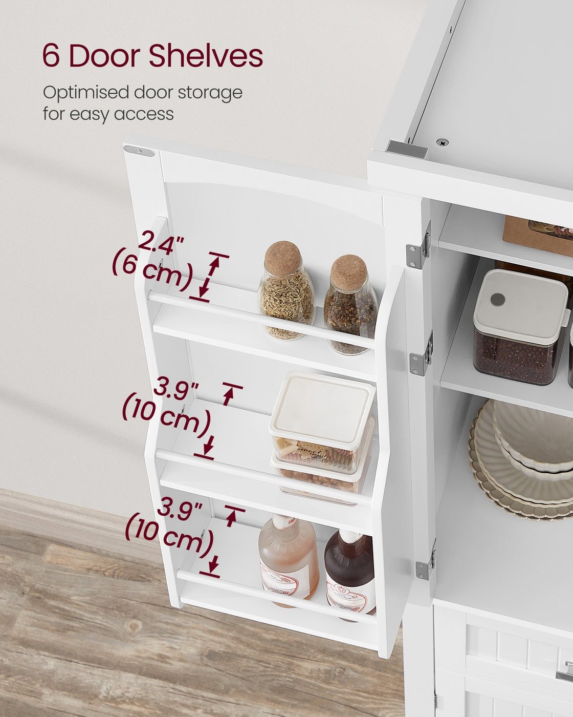 Tall Kitchen Pantry Cupboard - 76L - MDF - Adjustable Storage Shelves