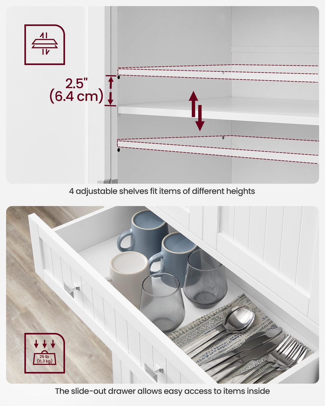 Tall Kitchen Pantry Cupboard - 76L - MDF - Adjustable Storage Shelves