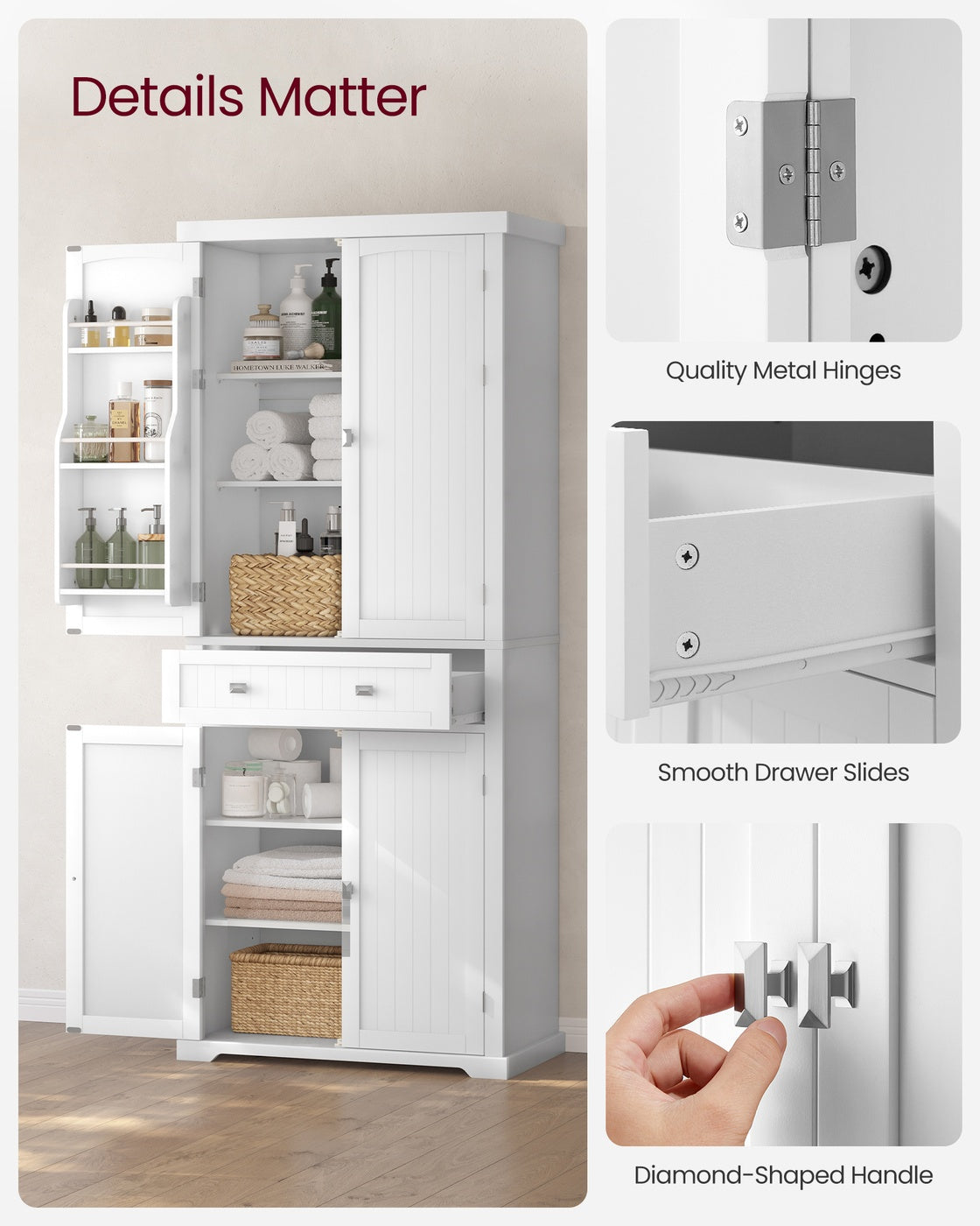 Tall Kitchen Pantry Cupboard - 76L - MDF - Adjustable Storage Shelves
