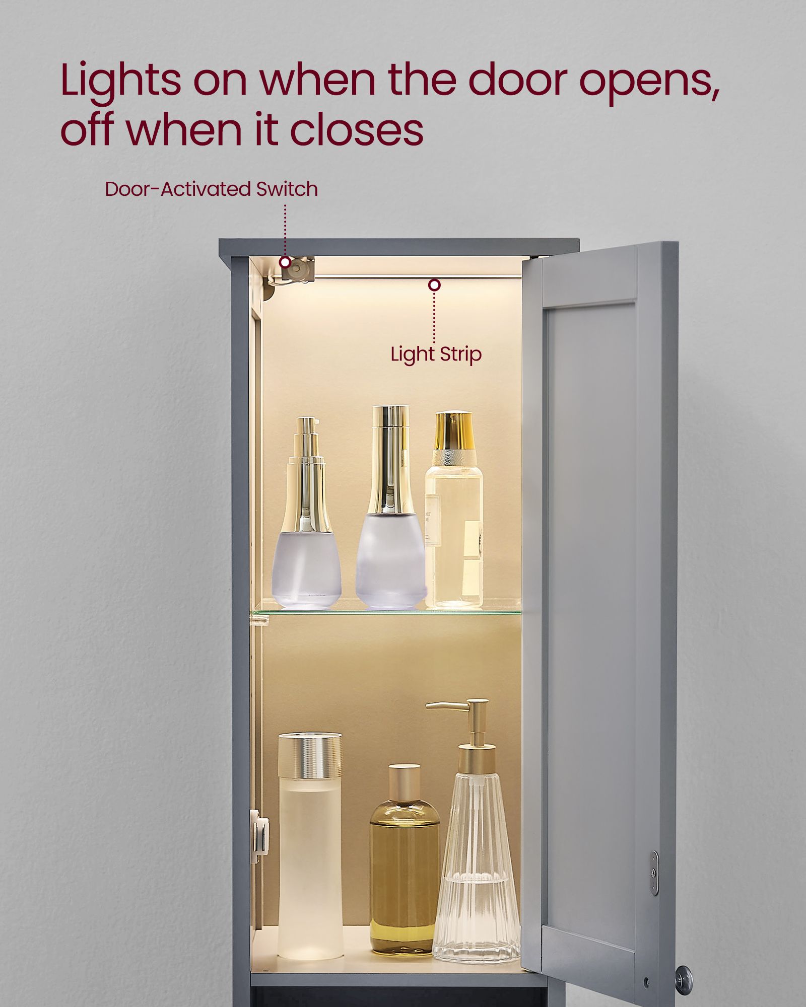 Tall Bathroom Cabinet - Wood - Dove Grey - Slim Design with Adjustable Shelves and Lights