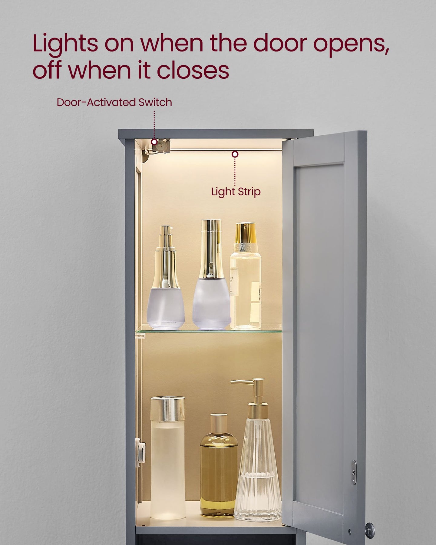 Tall Bathroom Cabinet - Wood - Dove Grey - Slim Design with Adjustable Shelves and Lights