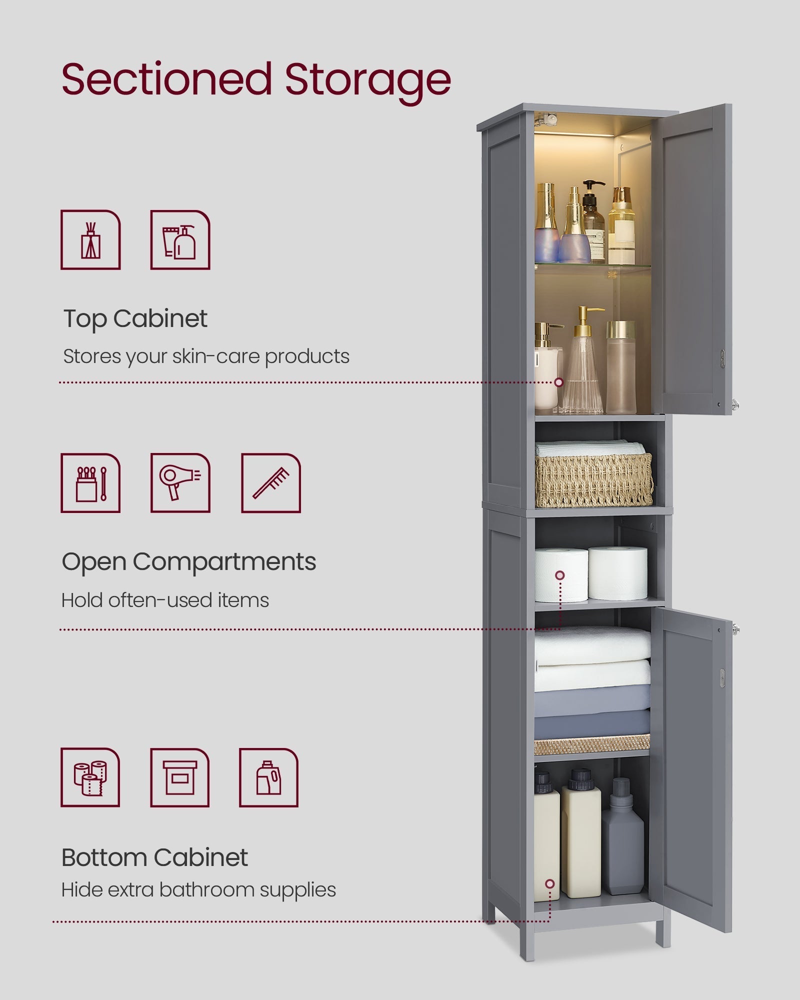 Tall Bathroom Cabinet - Wood - Dove Grey - Slim Design with Adjustable Shelves and Lights
