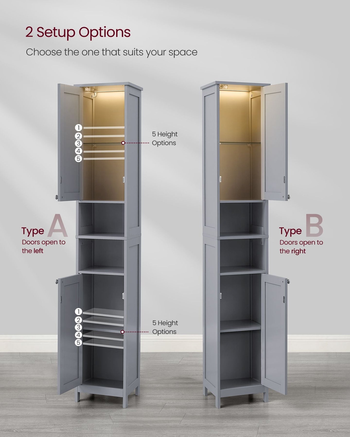Tall Bathroom Cabinet - Wood - Dove Grey - Slim Design with Adjustable Shelves and Lights
