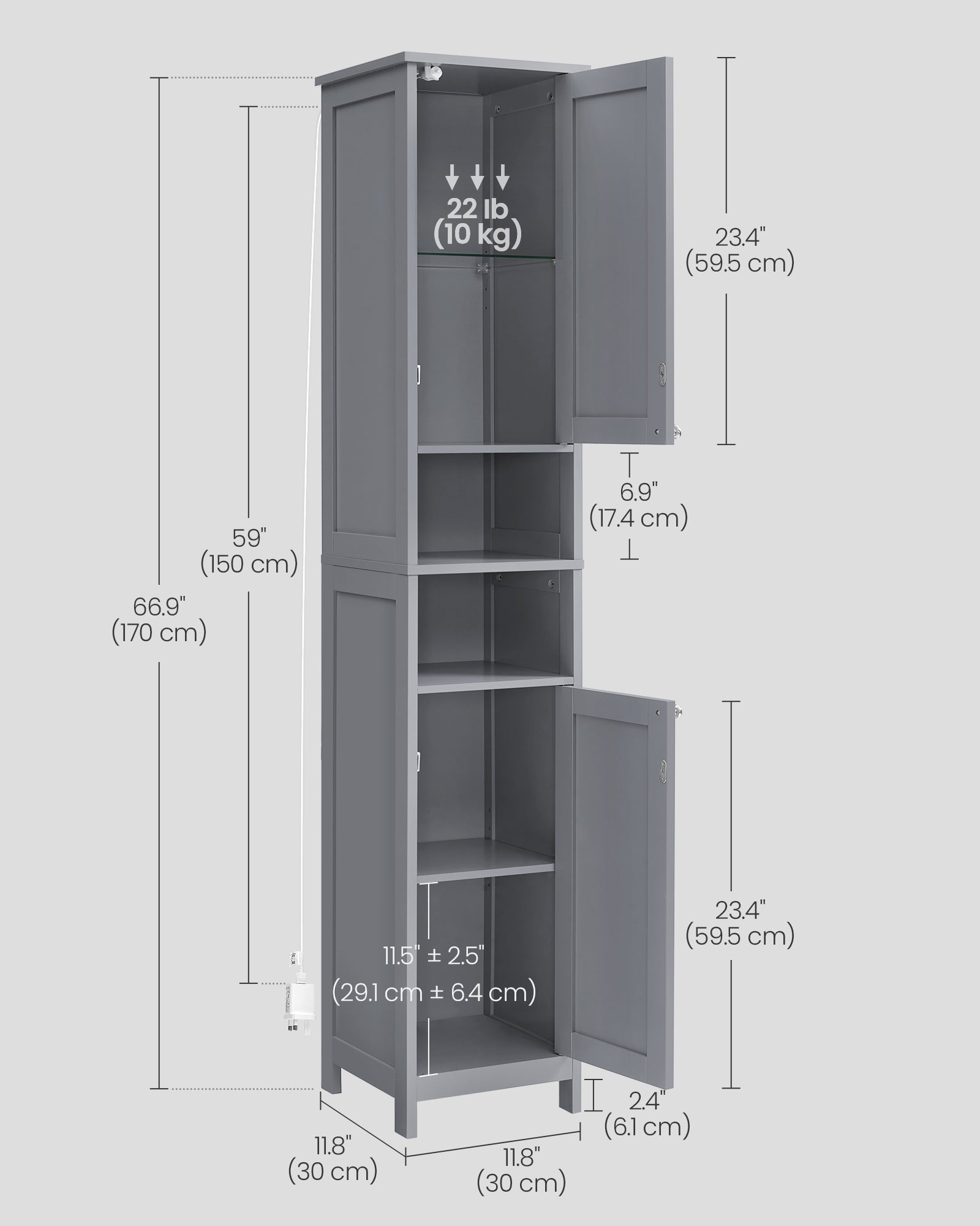 Tall Bathroom Cabinet - Wood - Dove Grey - Slim Design with Adjustable Shelves and Lights