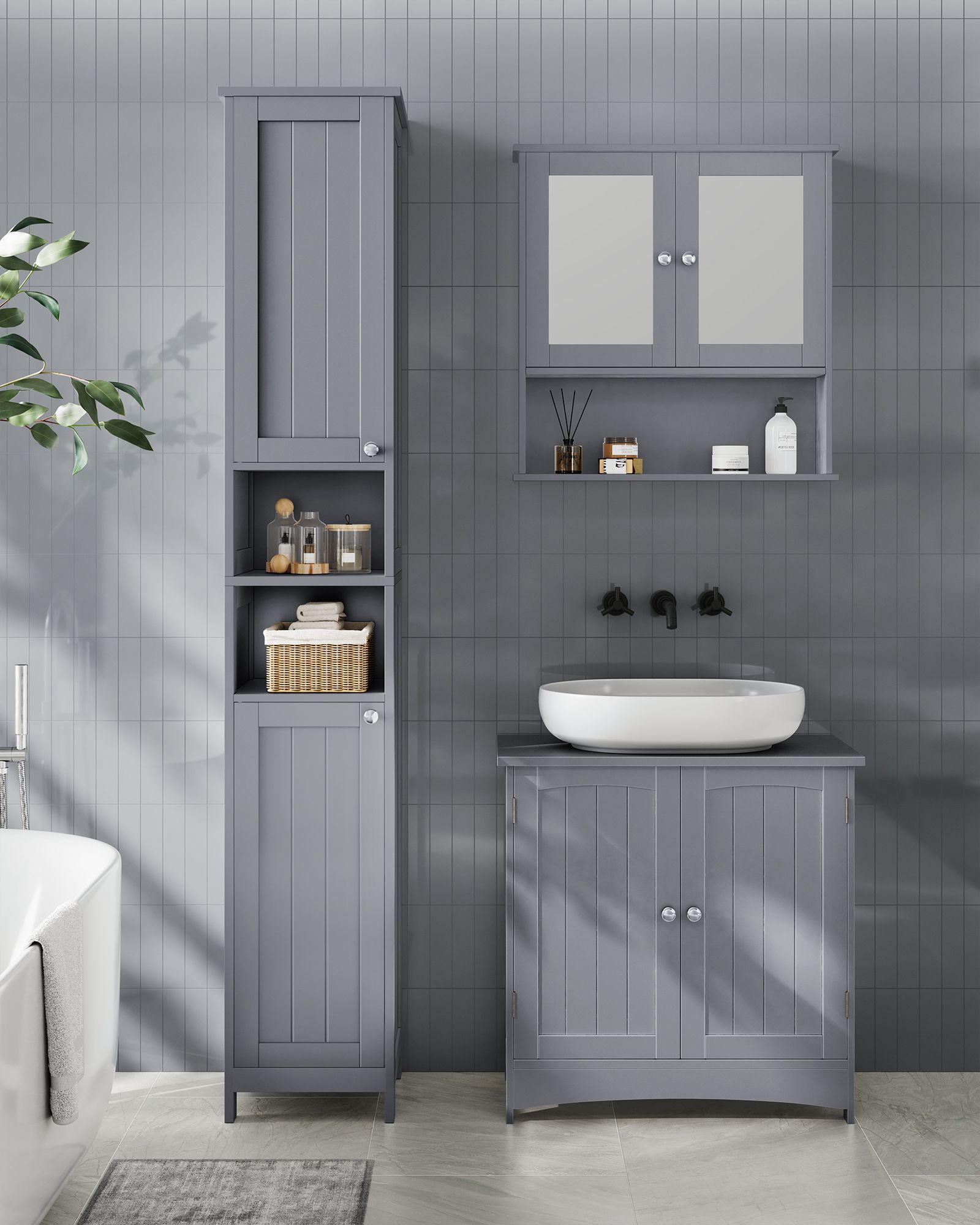 Tall Bathroom Cabinet - Wood - Dove Grey - Slim Design with Adjustable Shelves and Lights