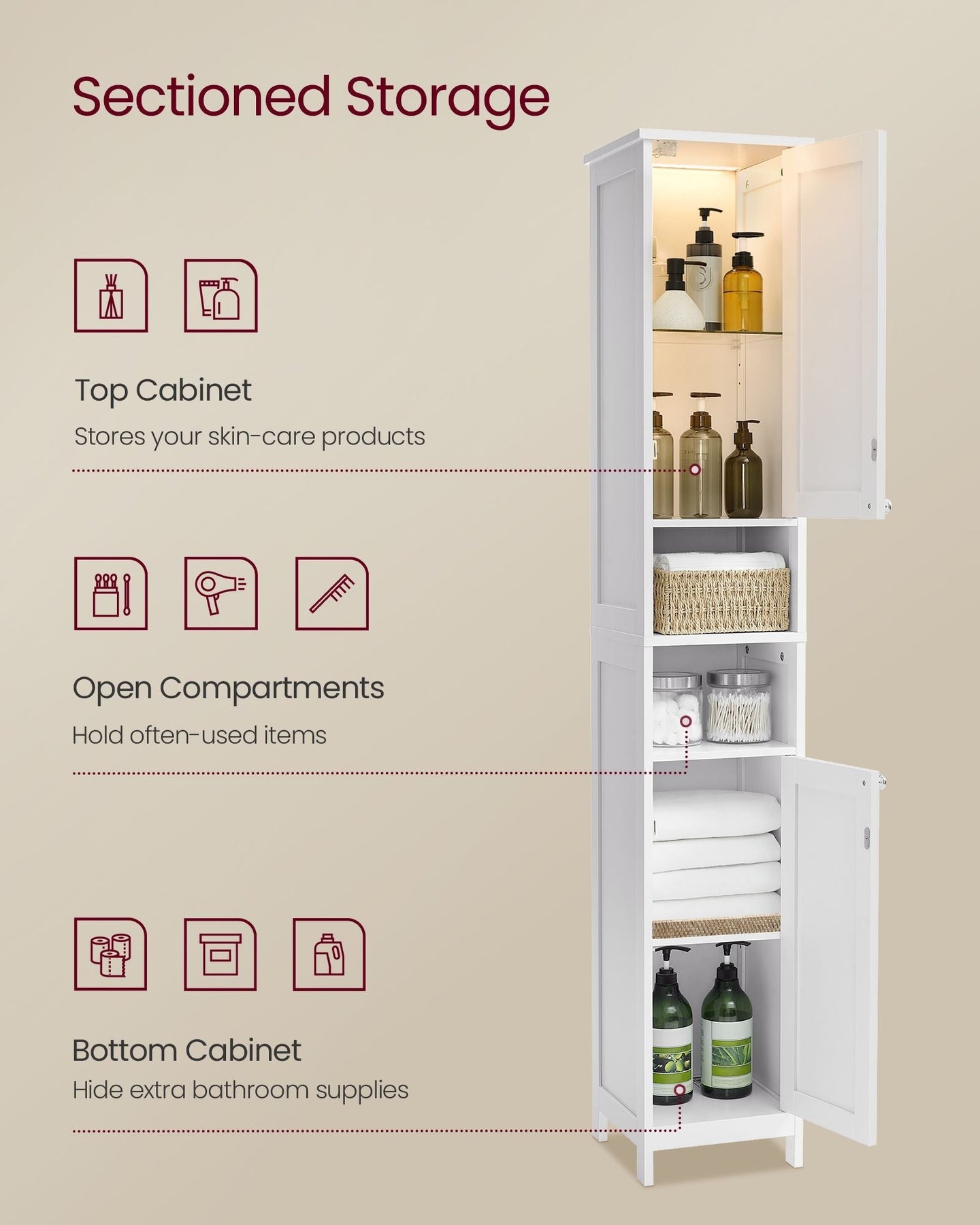 Slim Bathroom Cabinet - Wood - Cloud White - Freestanding with Adjustable Shelves and Open Compartments