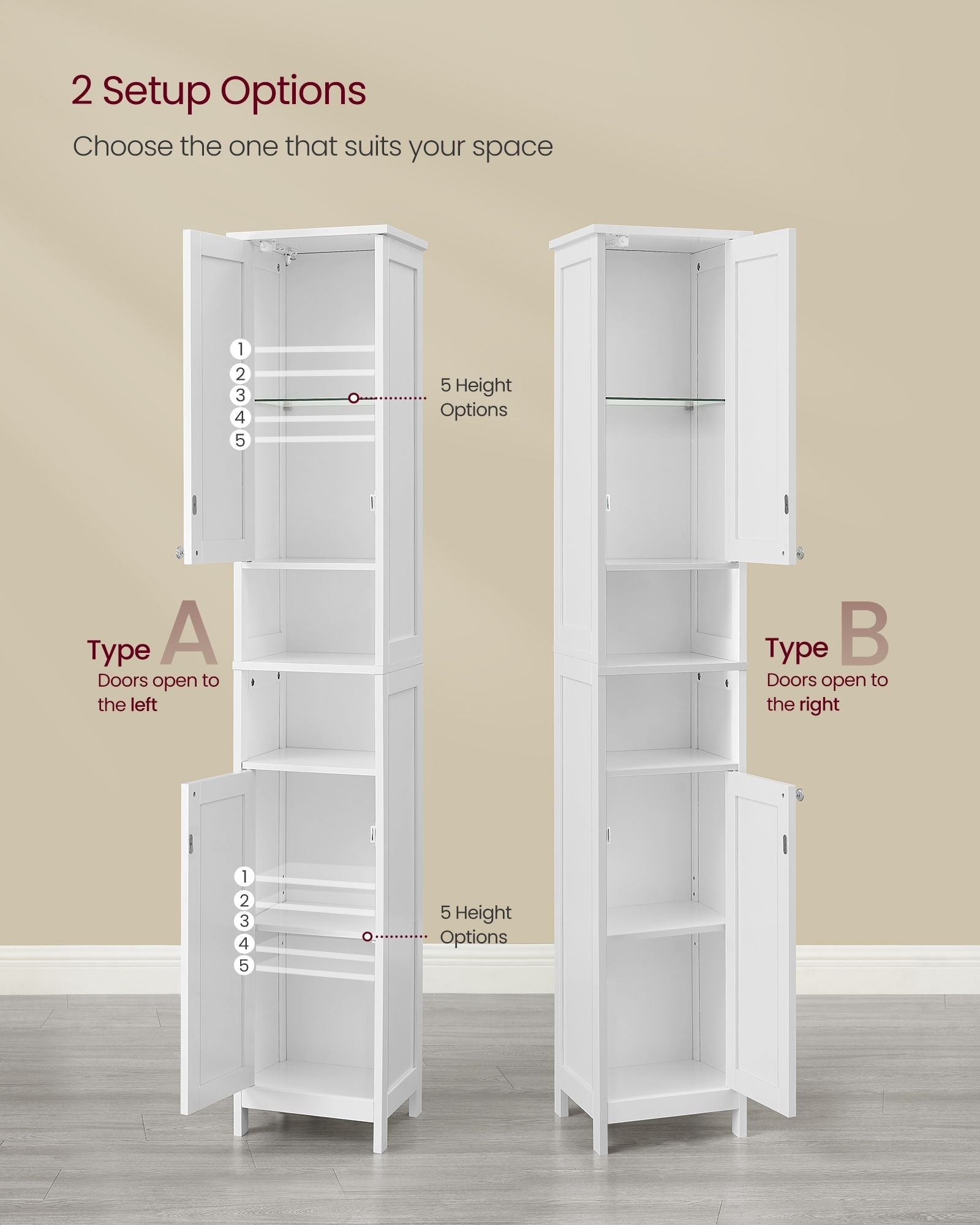 Slim Bathroom Cabinet - Wood - Cloud White - Freestanding with Adjustable Shelves and Open Compartments