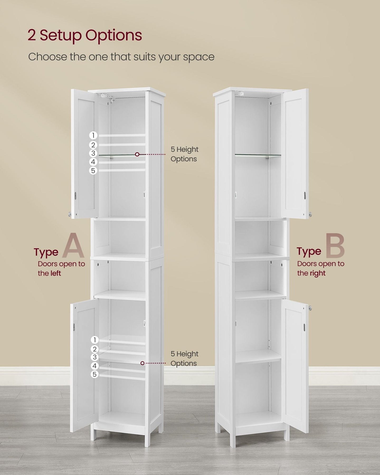 Slim Bathroom Cabinet - Wood - Cloud White - Freestanding with Adjustable Shelves and Open Compartments