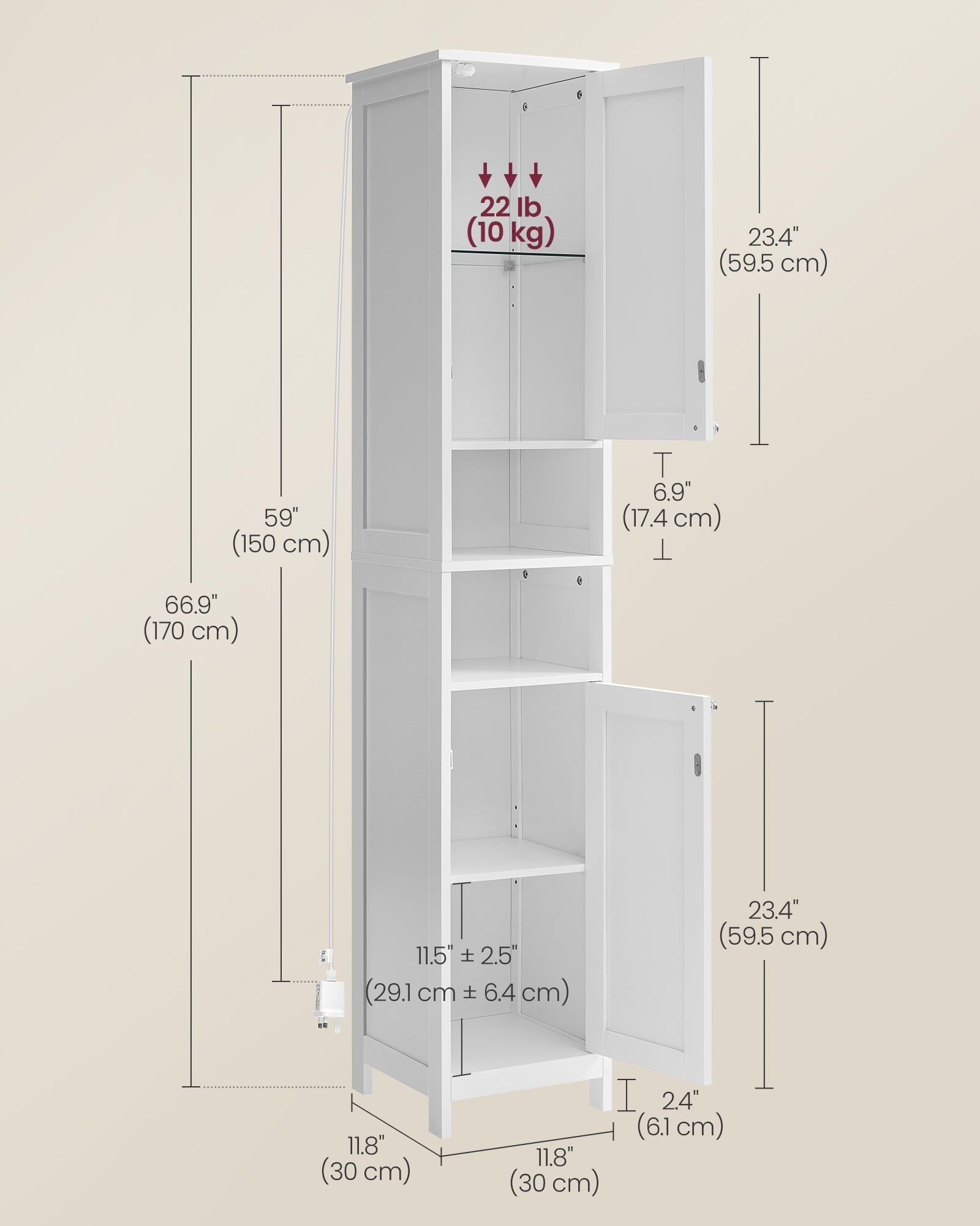 Slim Bathroom Cabinet - Wood - Cloud White - Freestanding with Adjustable Shelves and Open Compartments