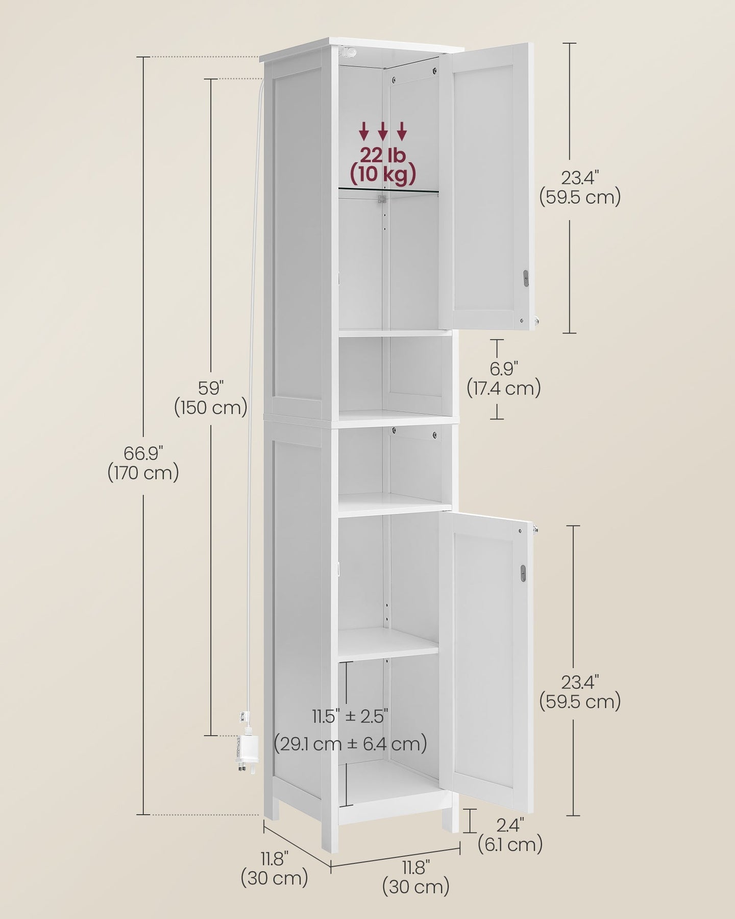 Slim Bathroom Cabinet - Wood - Cloud White - Freestanding with Adjustable Shelves and Open Compartments