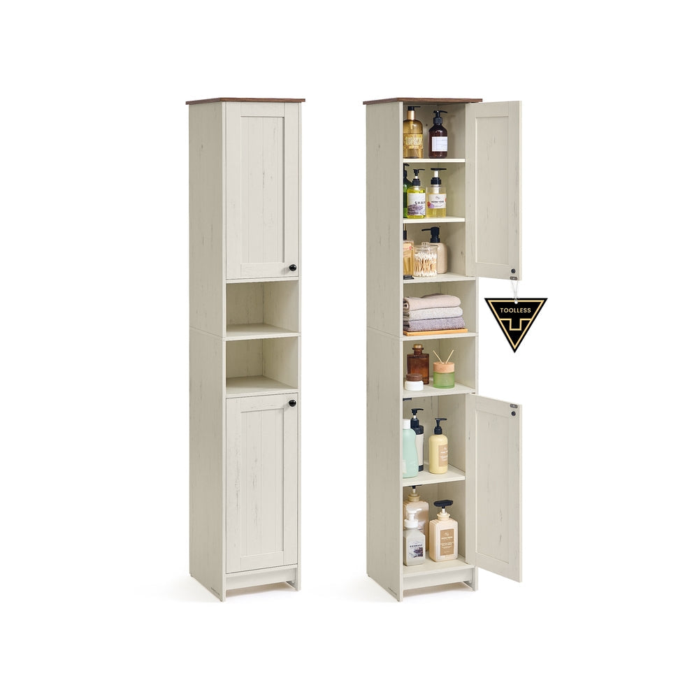 Bathroom Storage Cabinet - Wood - Rustic White - Slim Tall Design with Adjustable Shelves