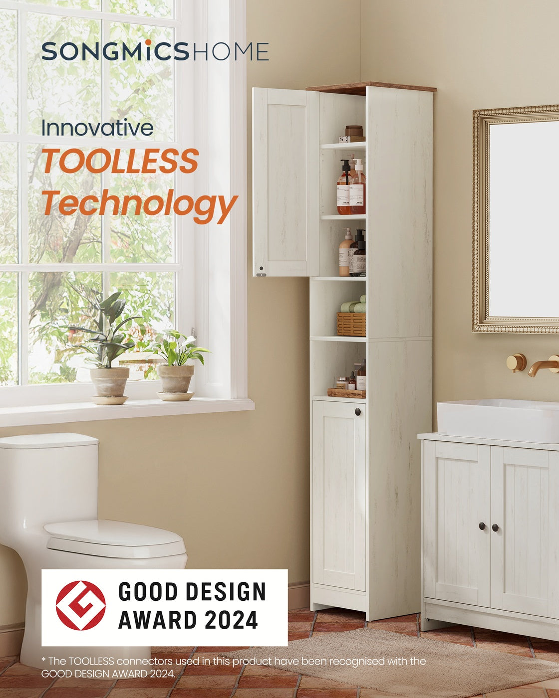 Bathroom Storage Cabinet - Wood - Rustic White - Slim Tall Design with Adjustable Shelves