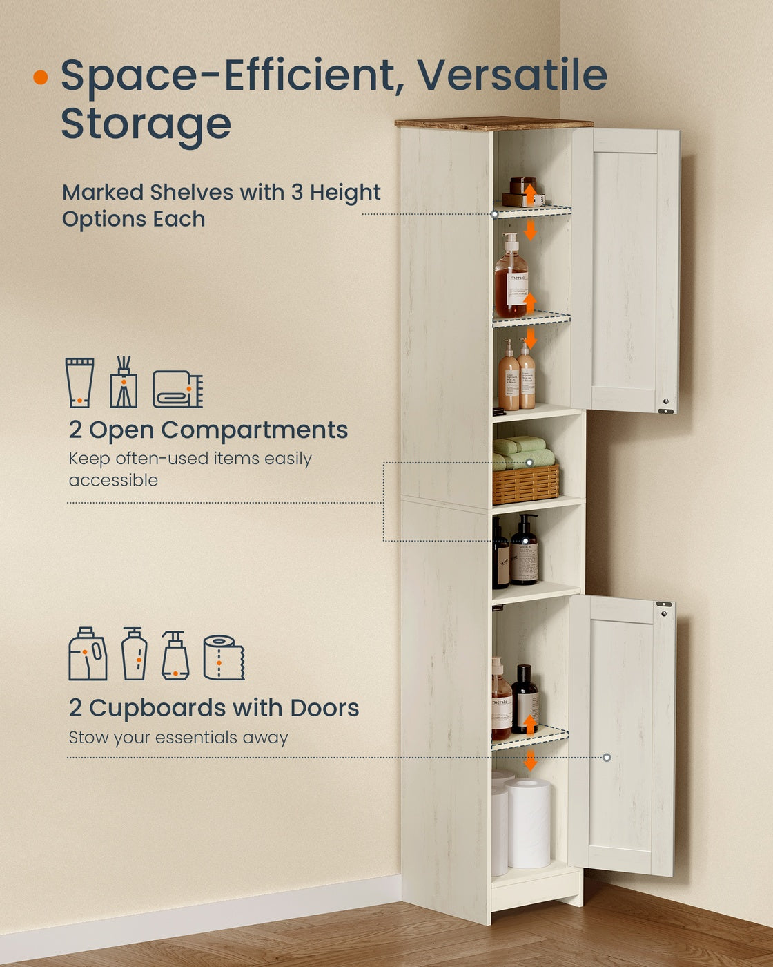 Bathroom Storage Cabinet - Wood - Rustic White - Slim Tall Design with Adjustable Shelves