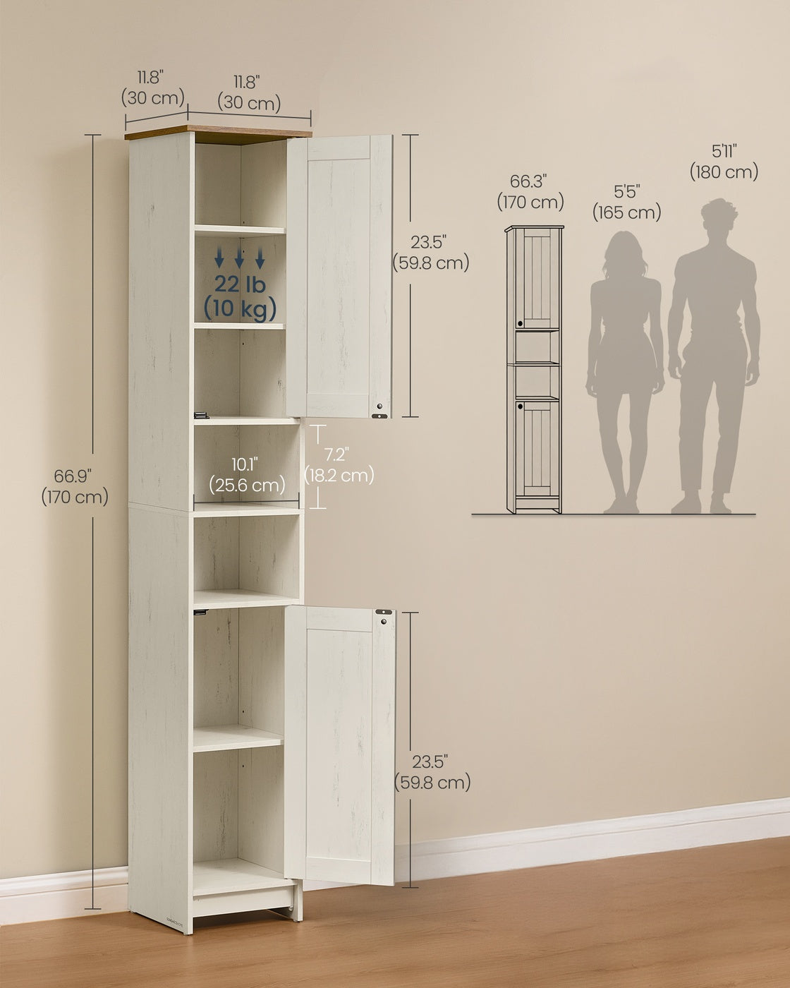 Bathroom Storage Cabinet - Wood - Rustic White - Slim Tall Design with Adjustable Shelves