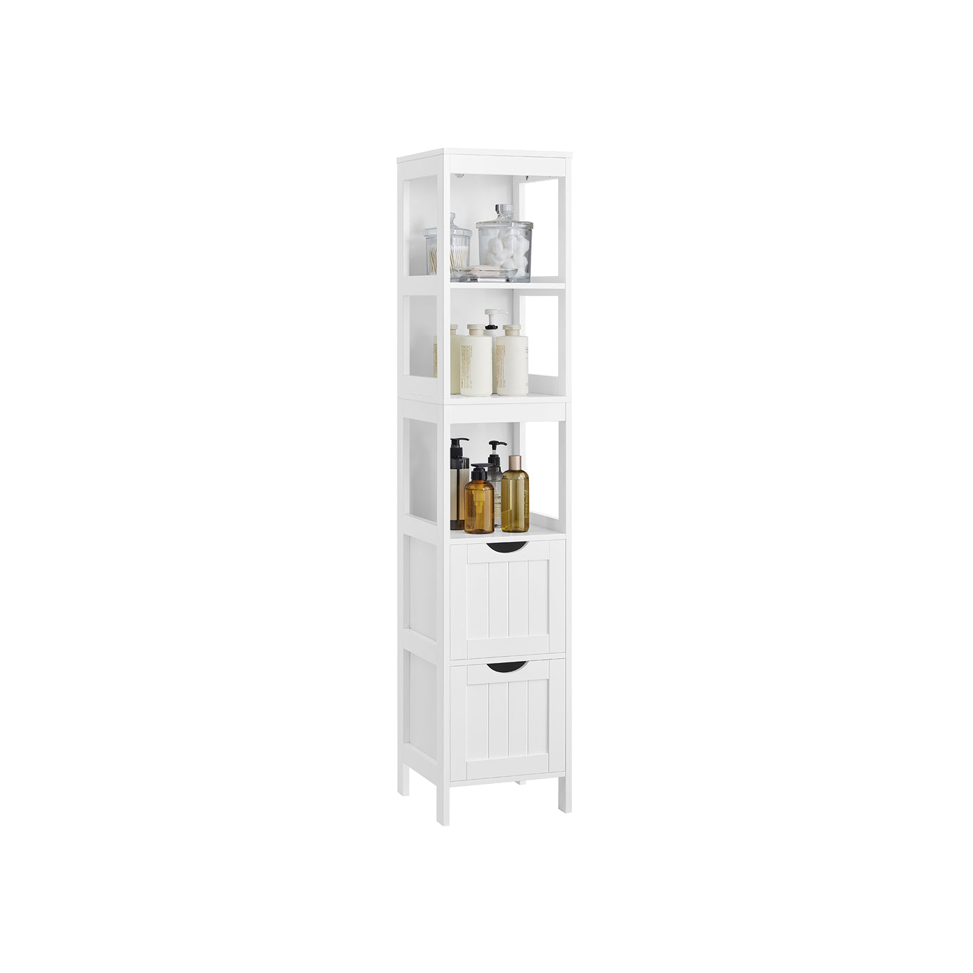 Tall Bathroom Cabinet - Wood - White - With 2 Drawers and 3 Open Shelves