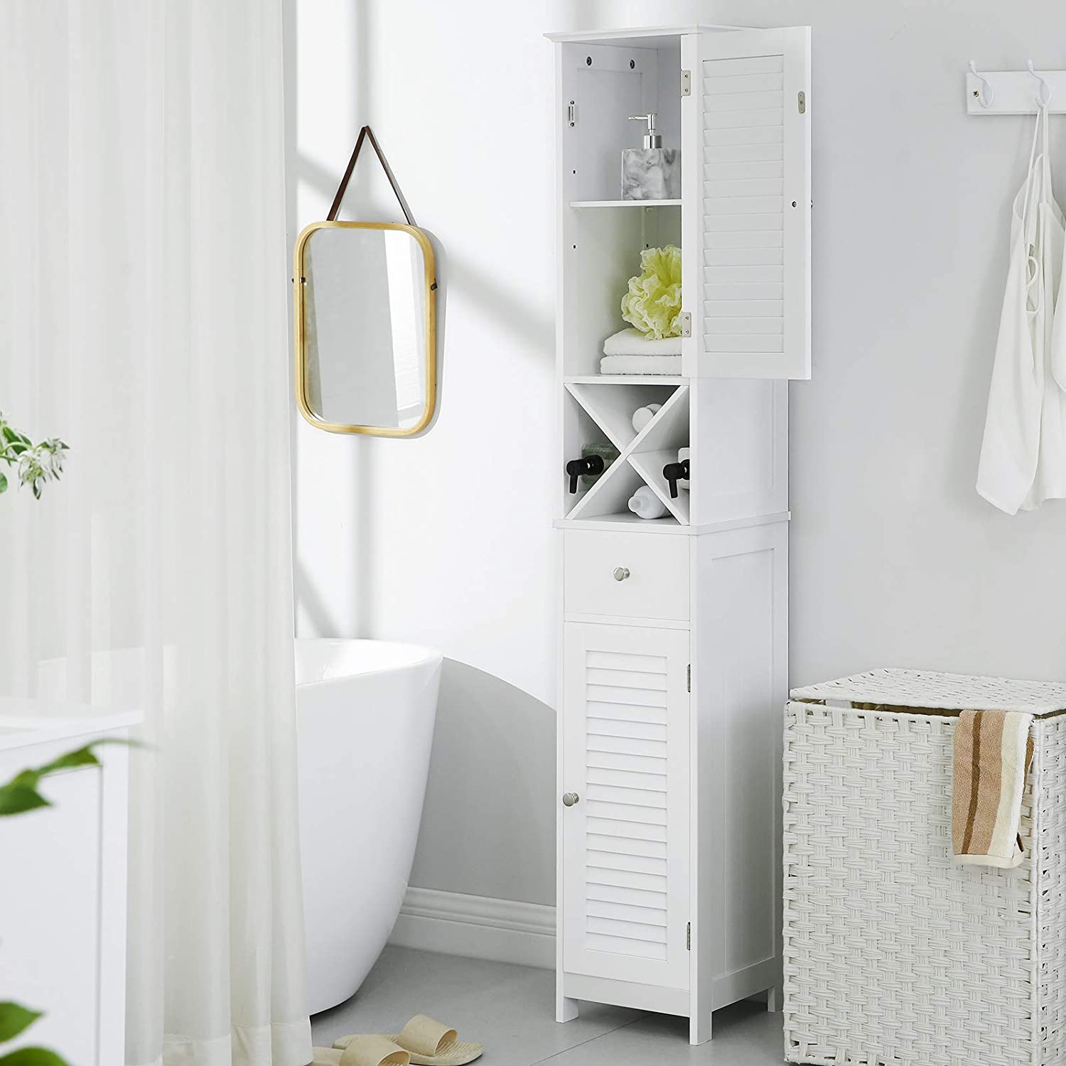Linen Tower - Engineered Wood - White - Freestanding with Shutter Doors and Drawer