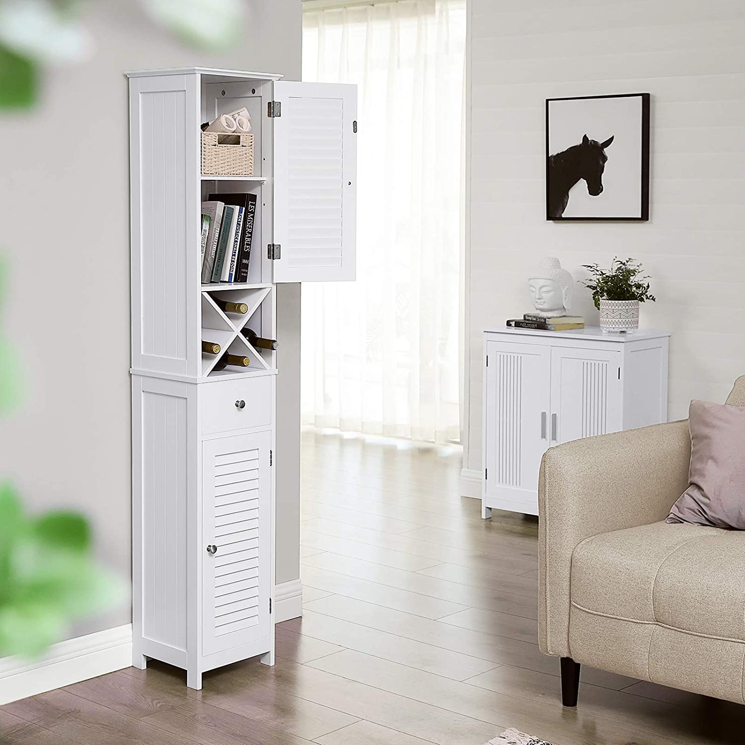 Linen Tower - Engineered Wood - White - Freestanding with Shutter Doors and Drawer