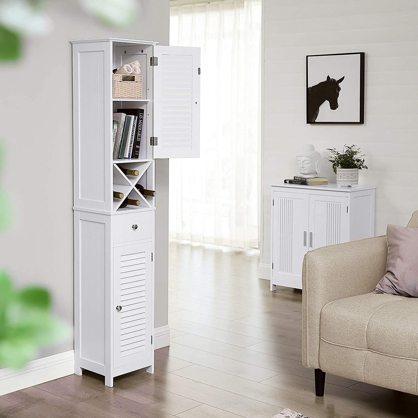 Linen Tower - Engineered Wood - White - Freestanding with Shutter Doors and Drawer