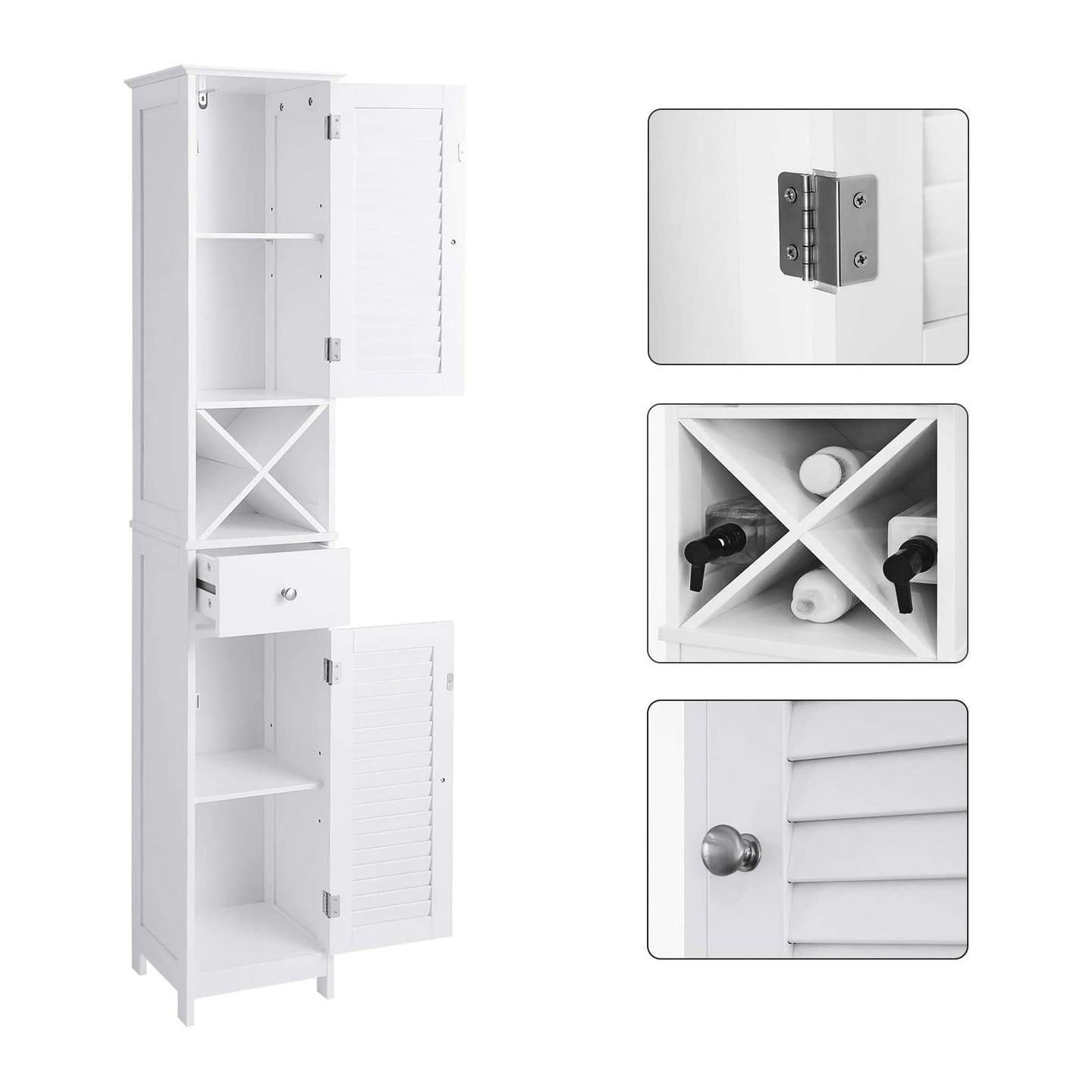 Linen Tower - Engineered Wood - White - Freestanding with Shutter Doors and Drawer