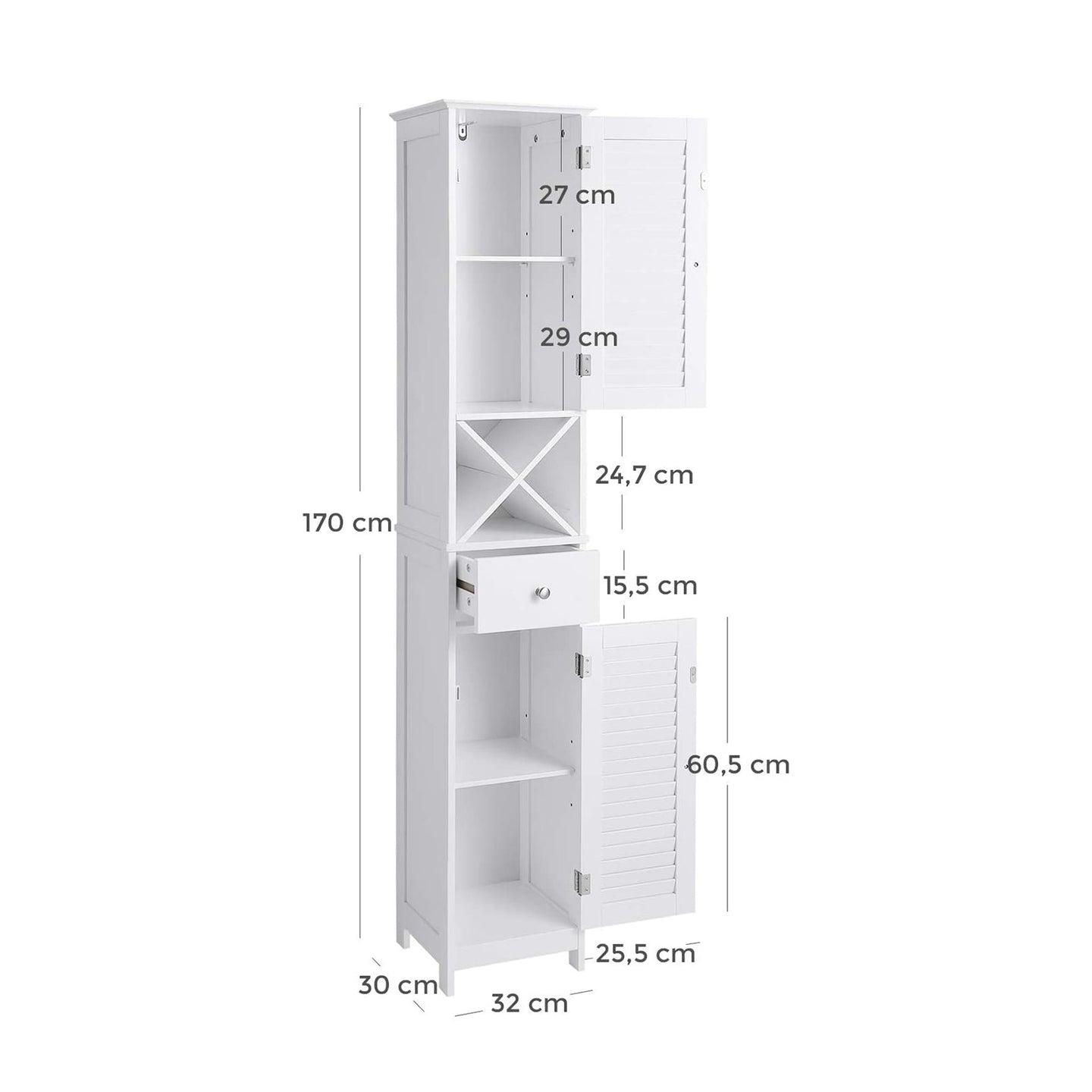 Linen Tower - Engineered Wood - White - Freestanding with Shutter Doors and Drawer