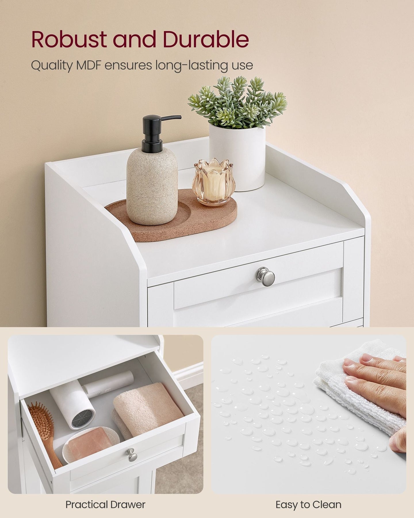 Bathroom Storage Unit - Wood - Cloud White - Features 1 Drawer and 1 Removable Laundry Hamper