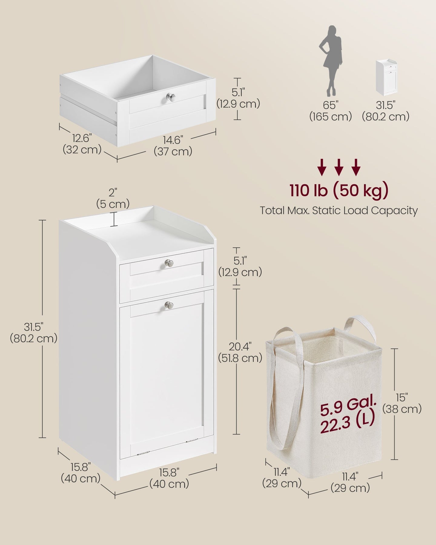 Bathroom Storage Unit - Wood - Cloud White - Features 1 Drawer and 1 Removable Laundry Hamper