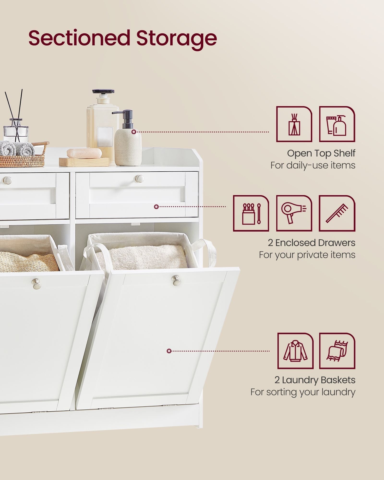 Bathroom Cabinet - Engineered Wood - Cloud White - Includes Removable Laundry Baskets and Drawers