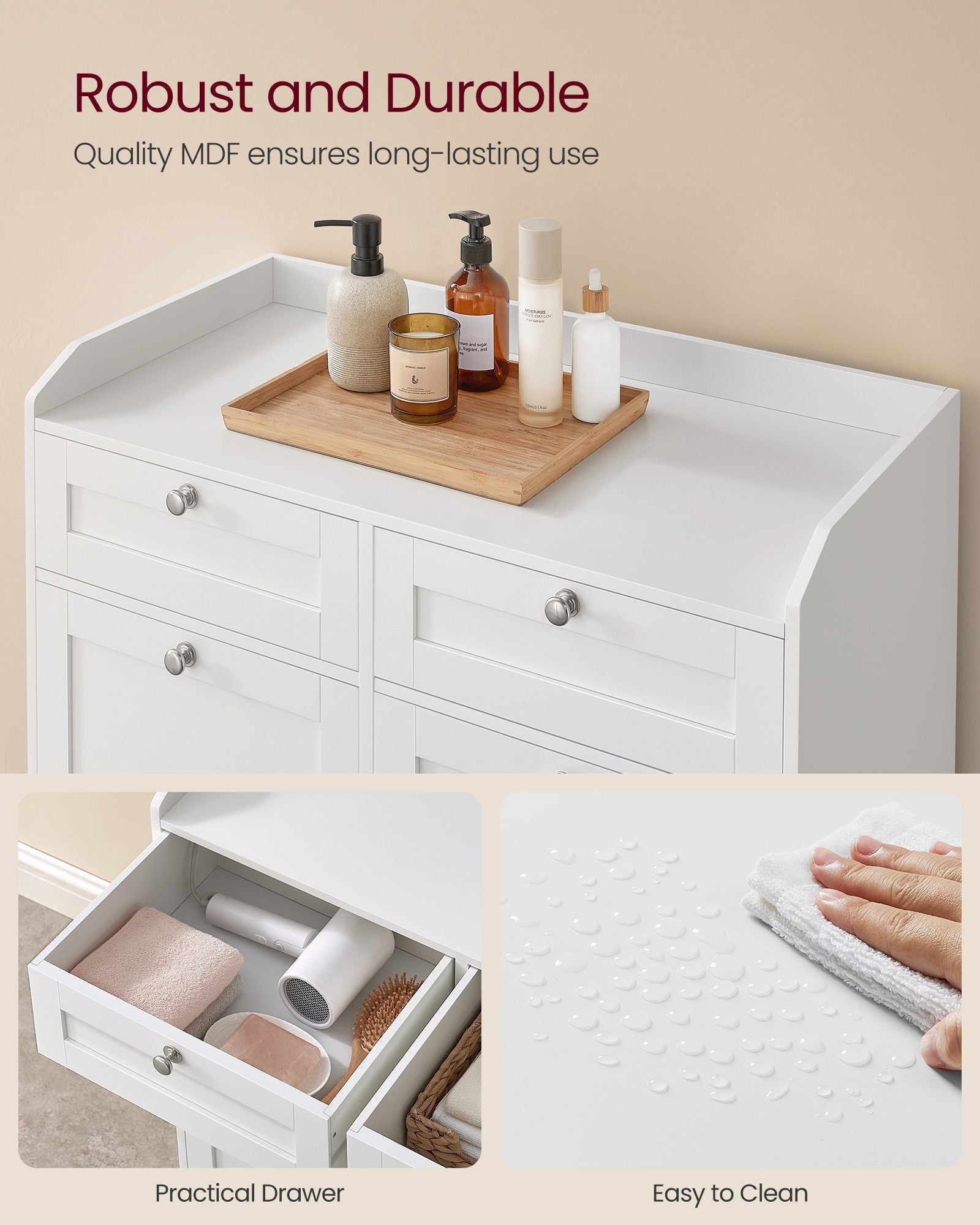 Bathroom Cabinet - Engineered Wood - Cloud White - Includes Removable Laundry Baskets and Drawers