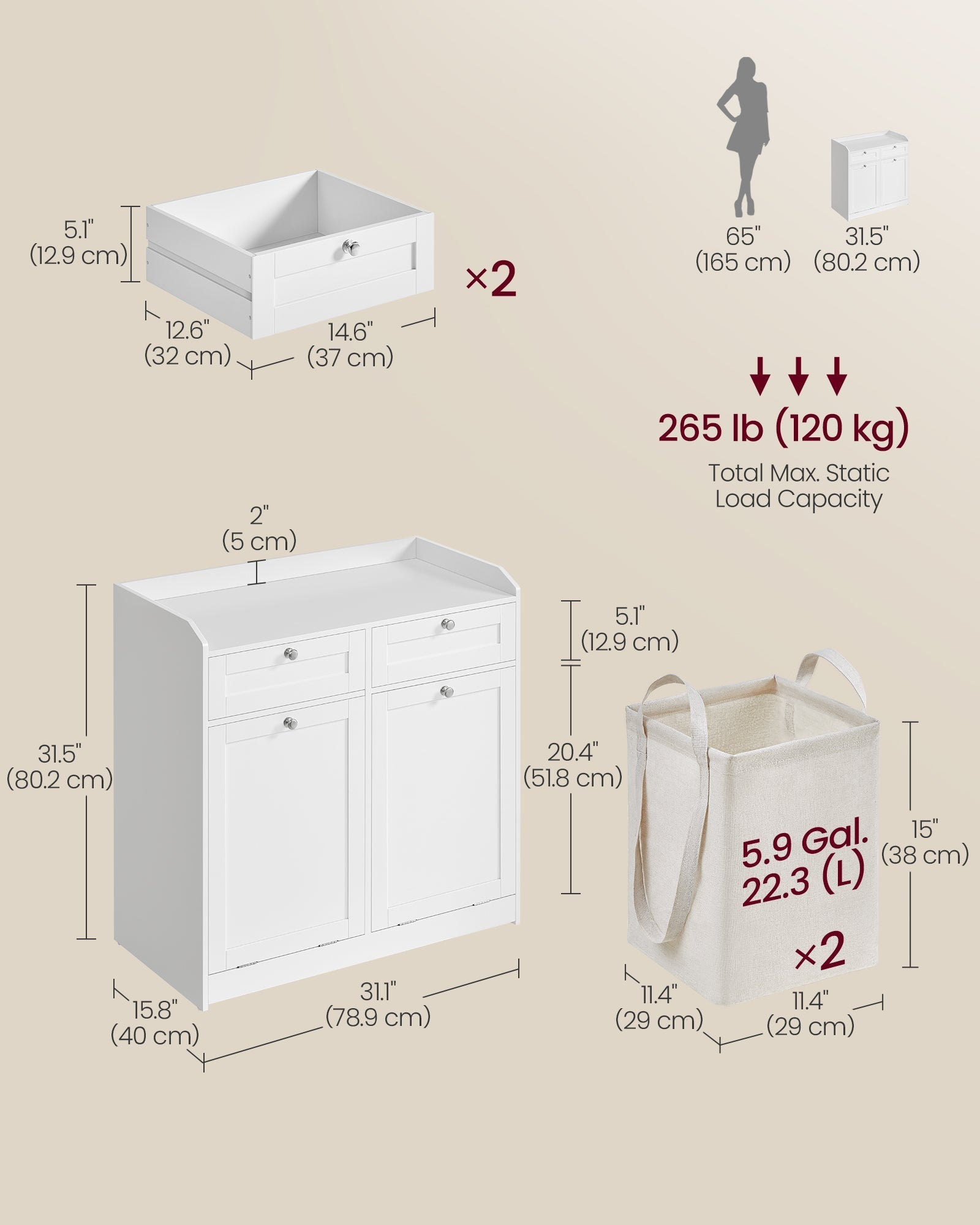 Bathroom Cabinet - Engineered Wood - Cloud White - Includes Removable Laundry Baskets and Drawers