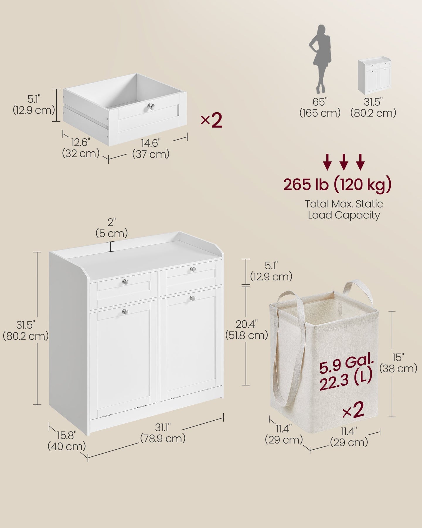 Bathroom Cabinet - Engineered Wood - Cloud White - Includes Removable Laundry Baskets and Drawers