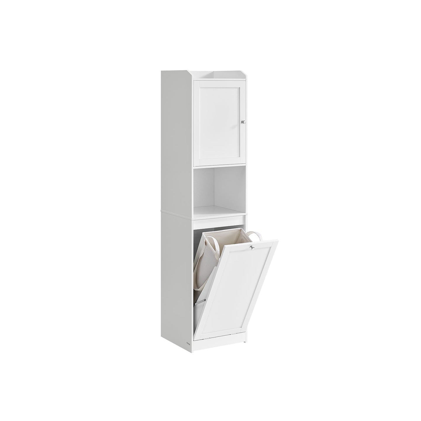 Tall Bathroom Cabinet - Wood - Cloud White - Removable Laundry Basket with Door Compartments