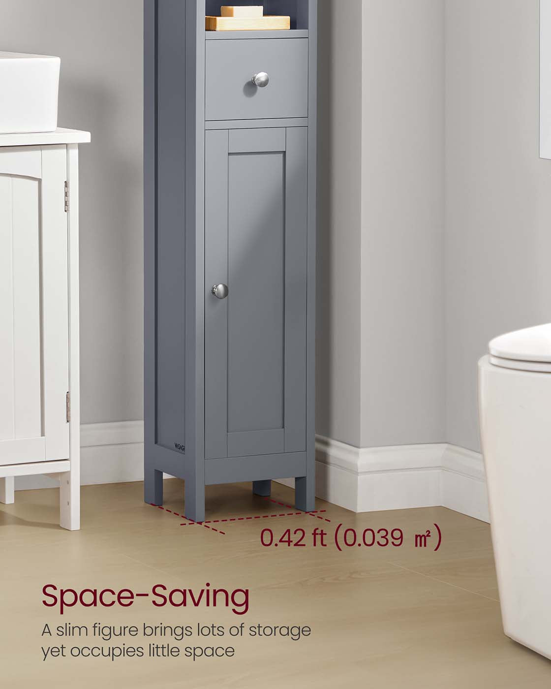 Slim Freestanding Bathroom Cabinet - Engineered Wood - Dove Grey - Adjustable Shelves and Drawer