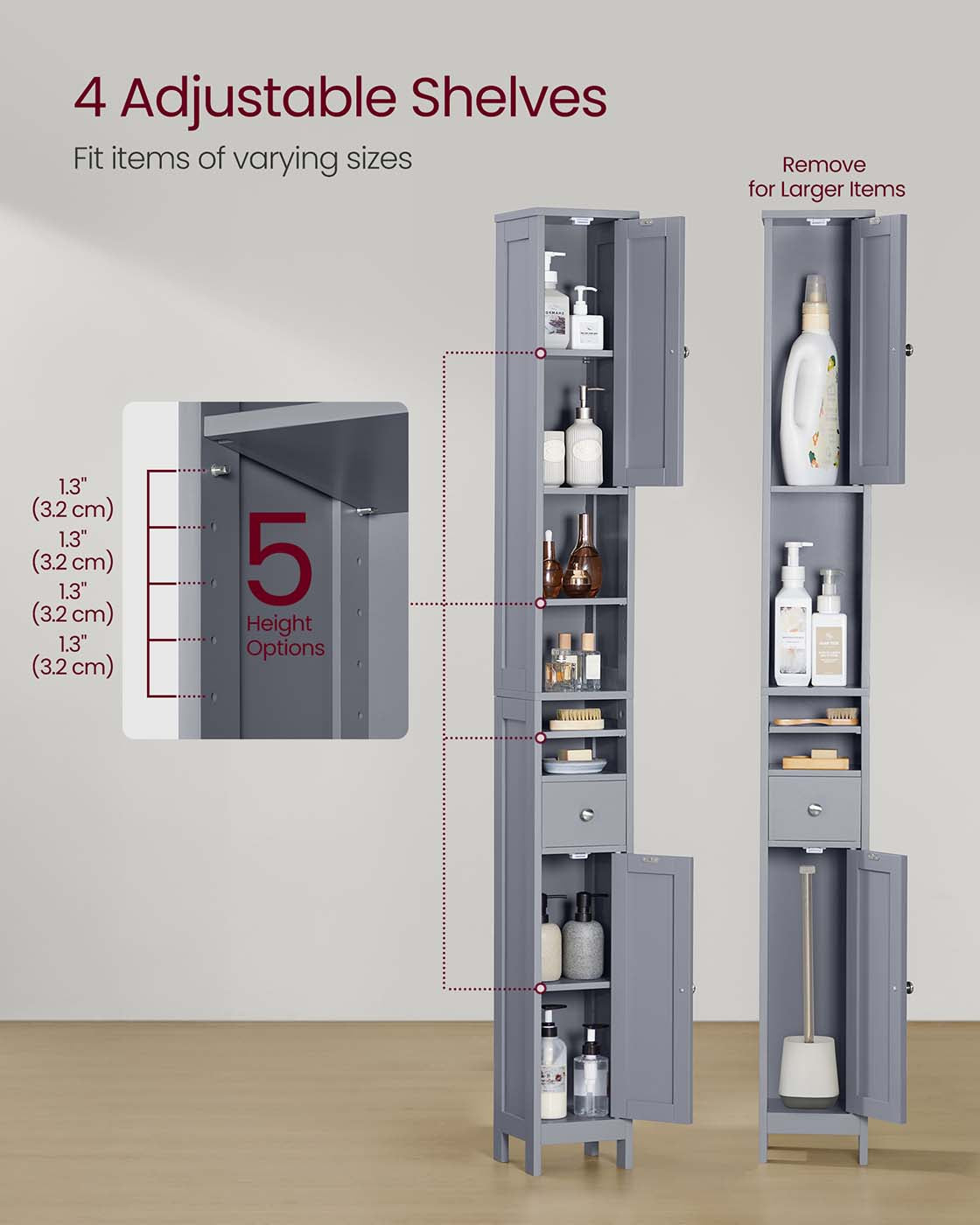 Slim Freestanding Bathroom Cabinet - Engineered Wood - Dove Grey - Adjustable Shelves and Drawer