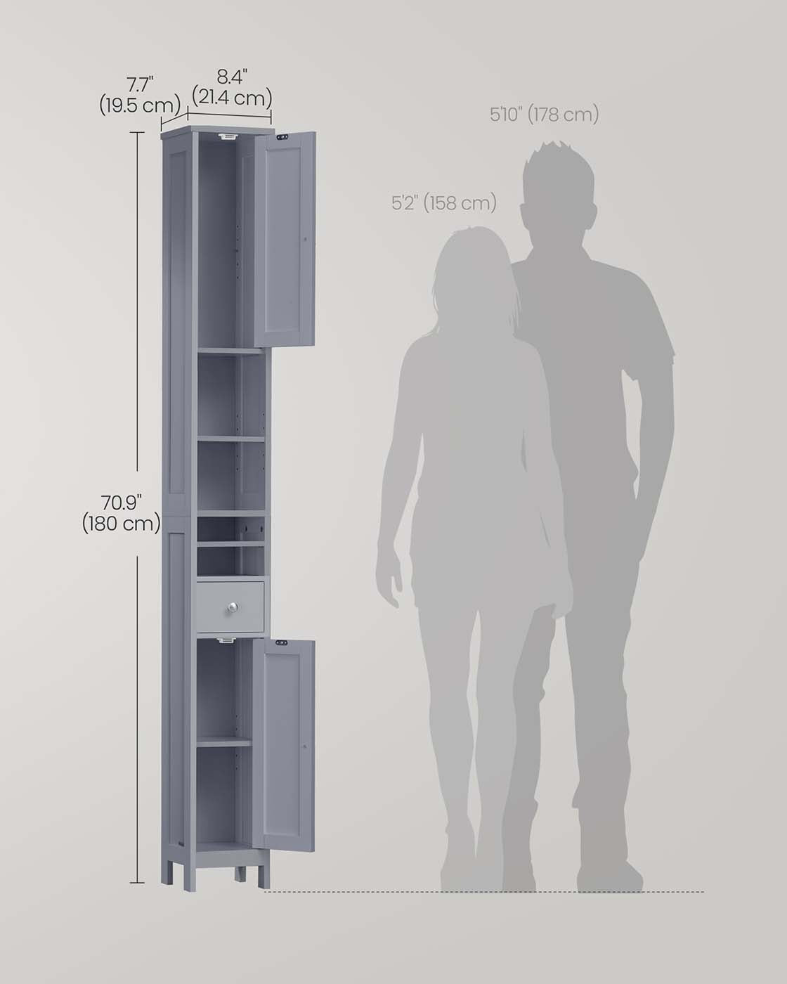 Slim Freestanding Bathroom Cabinet - Engineered Wood - Dove Grey - Adjustable Shelves and Drawer