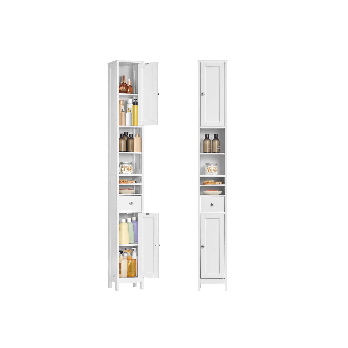 Freestanding Bathroom Cabinet - Engineered Wood - Cloud White - Slim Design with Adjustable Shelves and Drawer