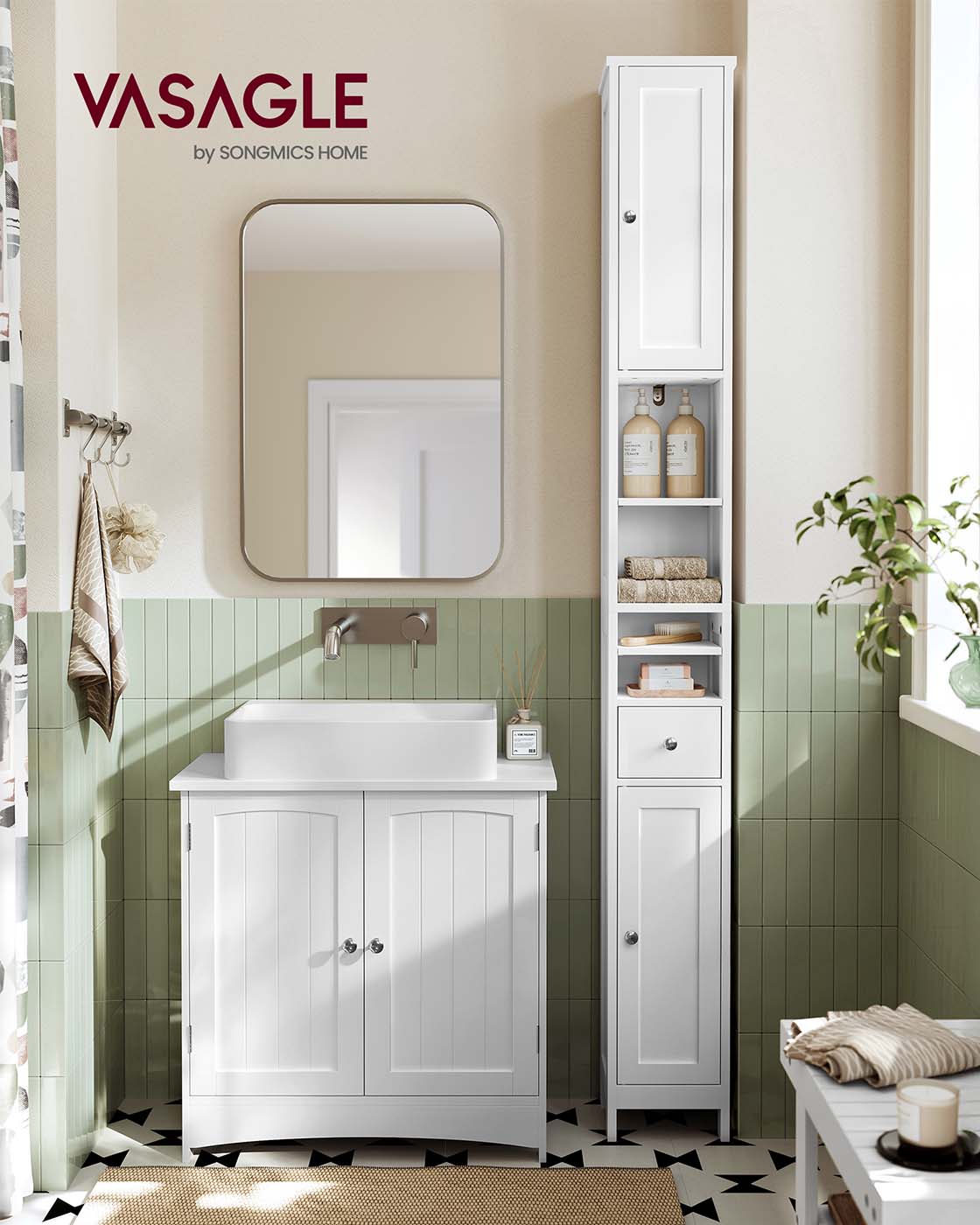 Freestanding Bathroom Cabinet - Engineered Wood - Cloud White - Slim Design with Adjustable Shelves and Drawer