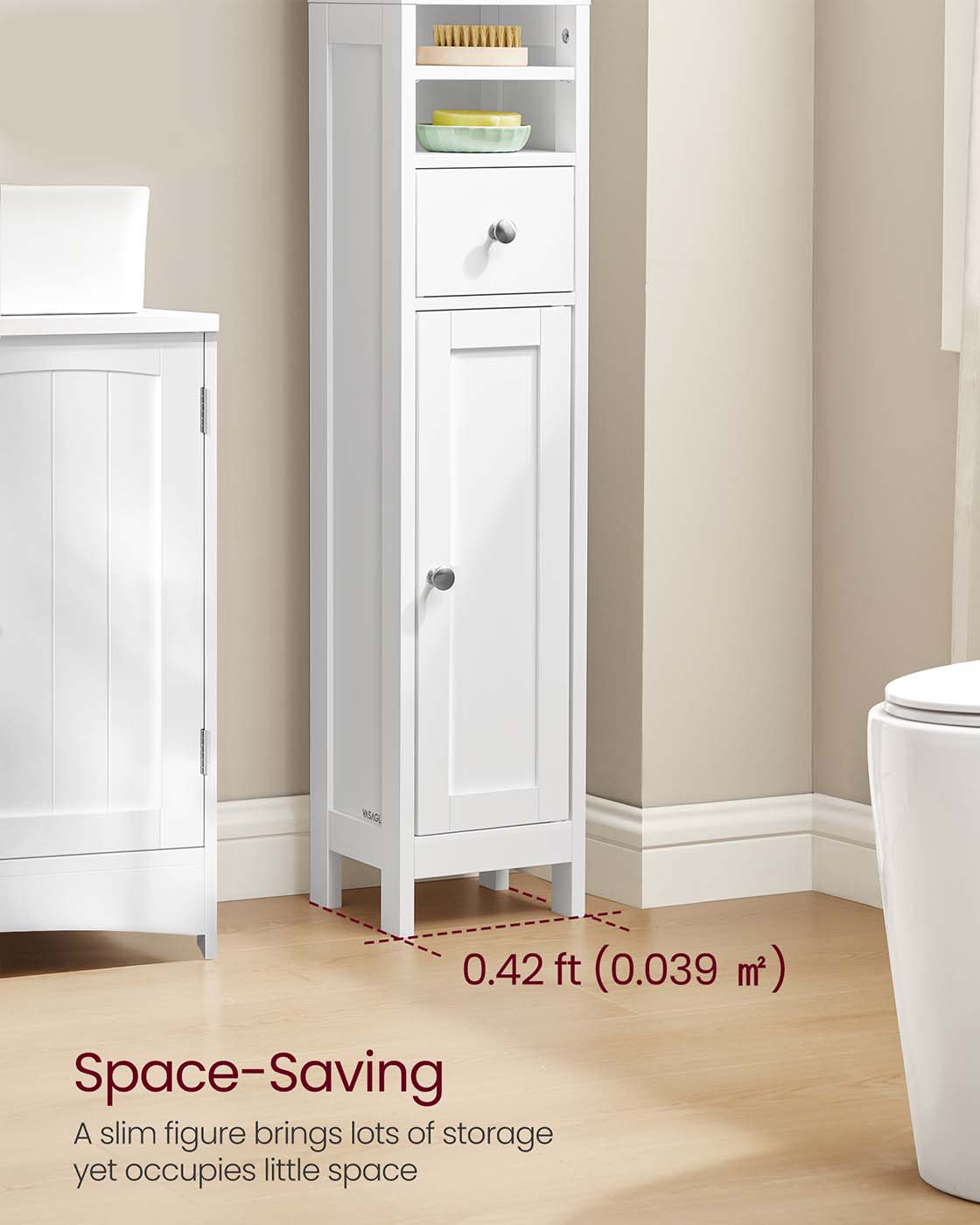 Freestanding Bathroom Cabinet - Engineered Wood - Cloud White - Slim Design with Adjustable Shelves and Drawer