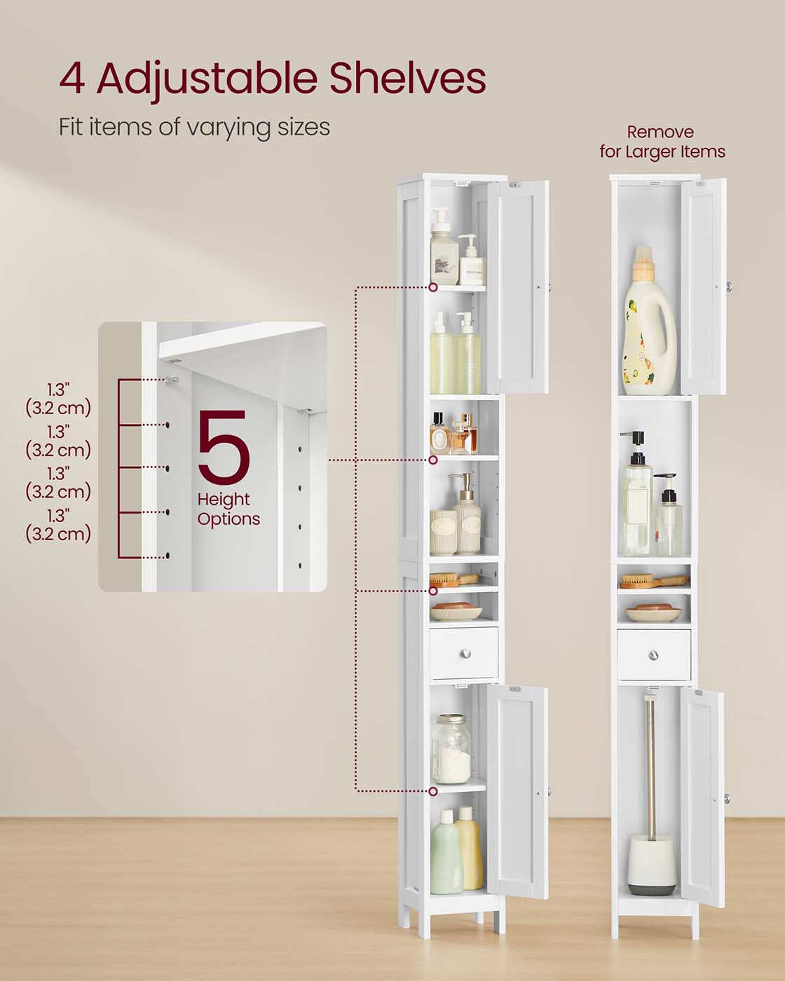 Freestanding Bathroom Cabinet - Engineered Wood - Cloud White - Slim Design with Adjustable Shelves and Drawer