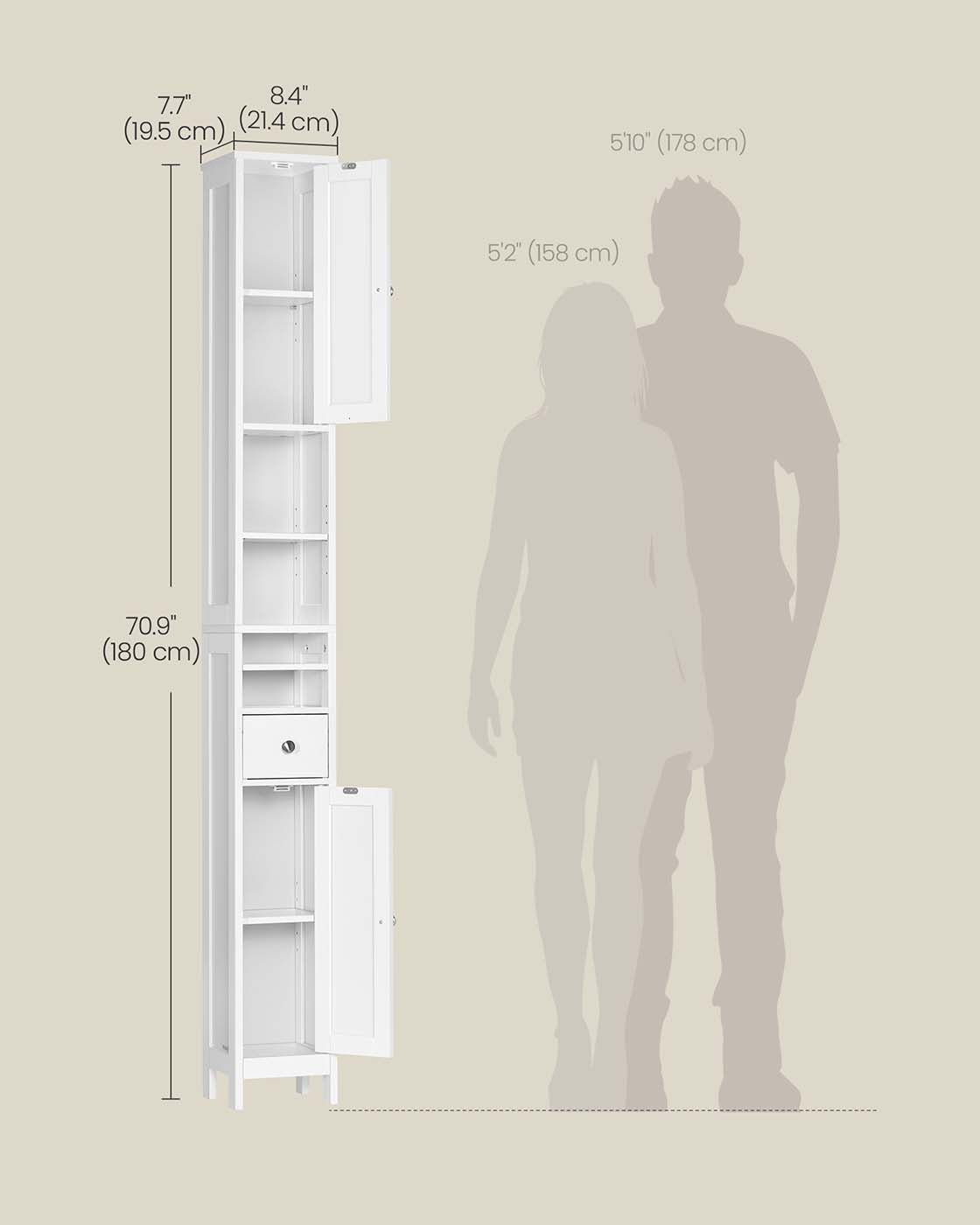 Freestanding Bathroom Cabinet - Engineered Wood - Cloud White - Slim Design with Adjustable Shelves and Drawer