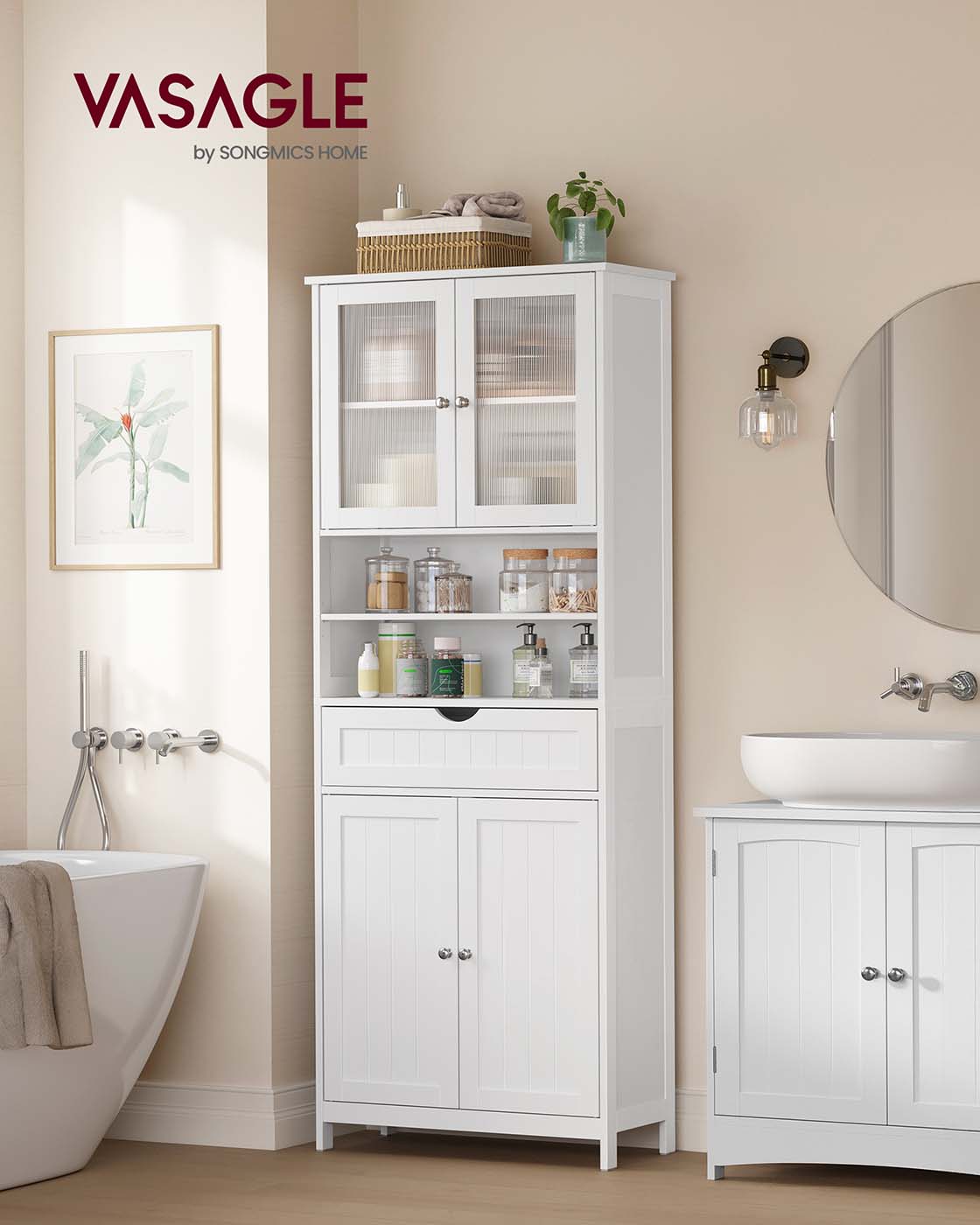 Freestanding Storage Cabinet - Engineered Wood - Cloud White - Adjustable Shelves and Drawer