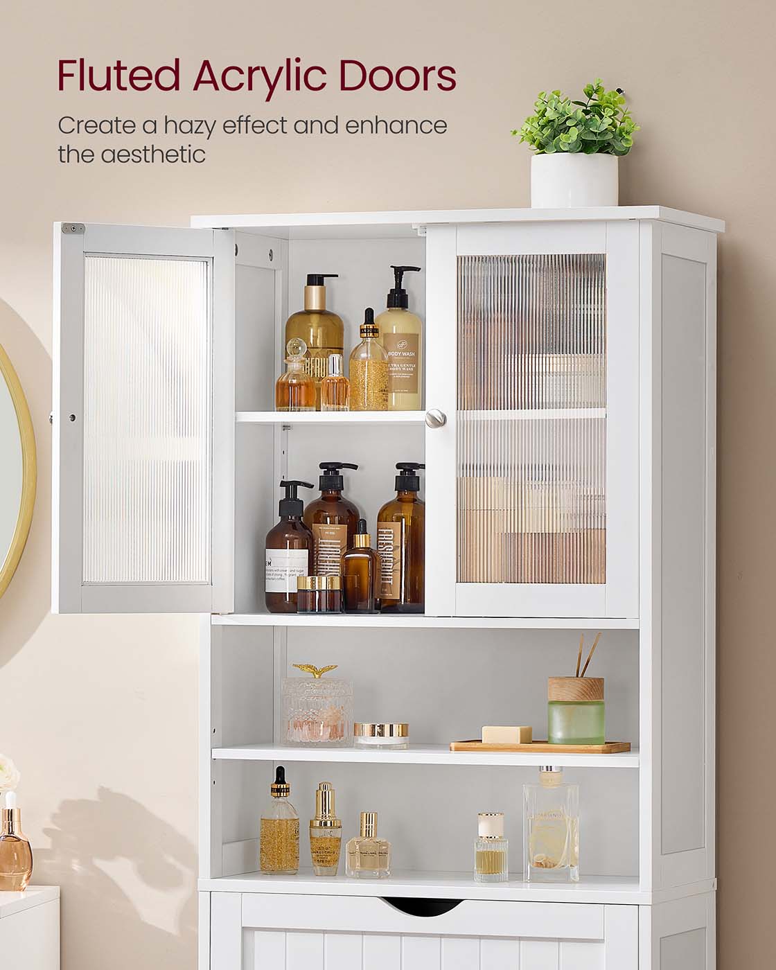 Freestanding Storage Cabinet - Engineered Wood - Cloud White - Adjustable Shelves and Drawer
