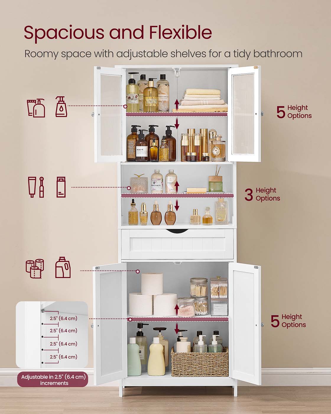 Freestanding Storage Cabinet - Engineered Wood - Cloud White - Adjustable Shelves and Drawer