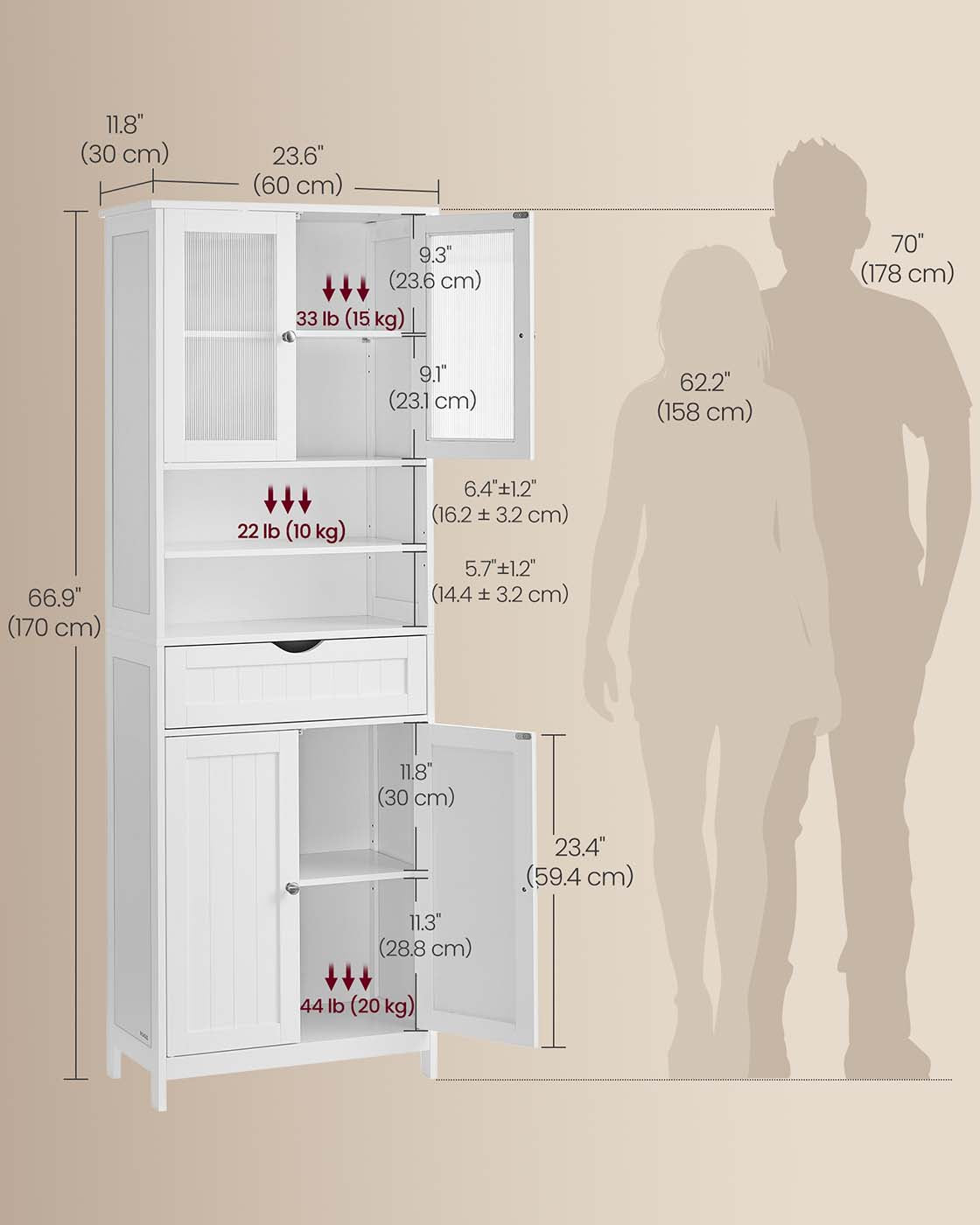 Freestanding Storage Cabinet - Engineered Wood - Cloud White - Adjustable Shelves and Drawer