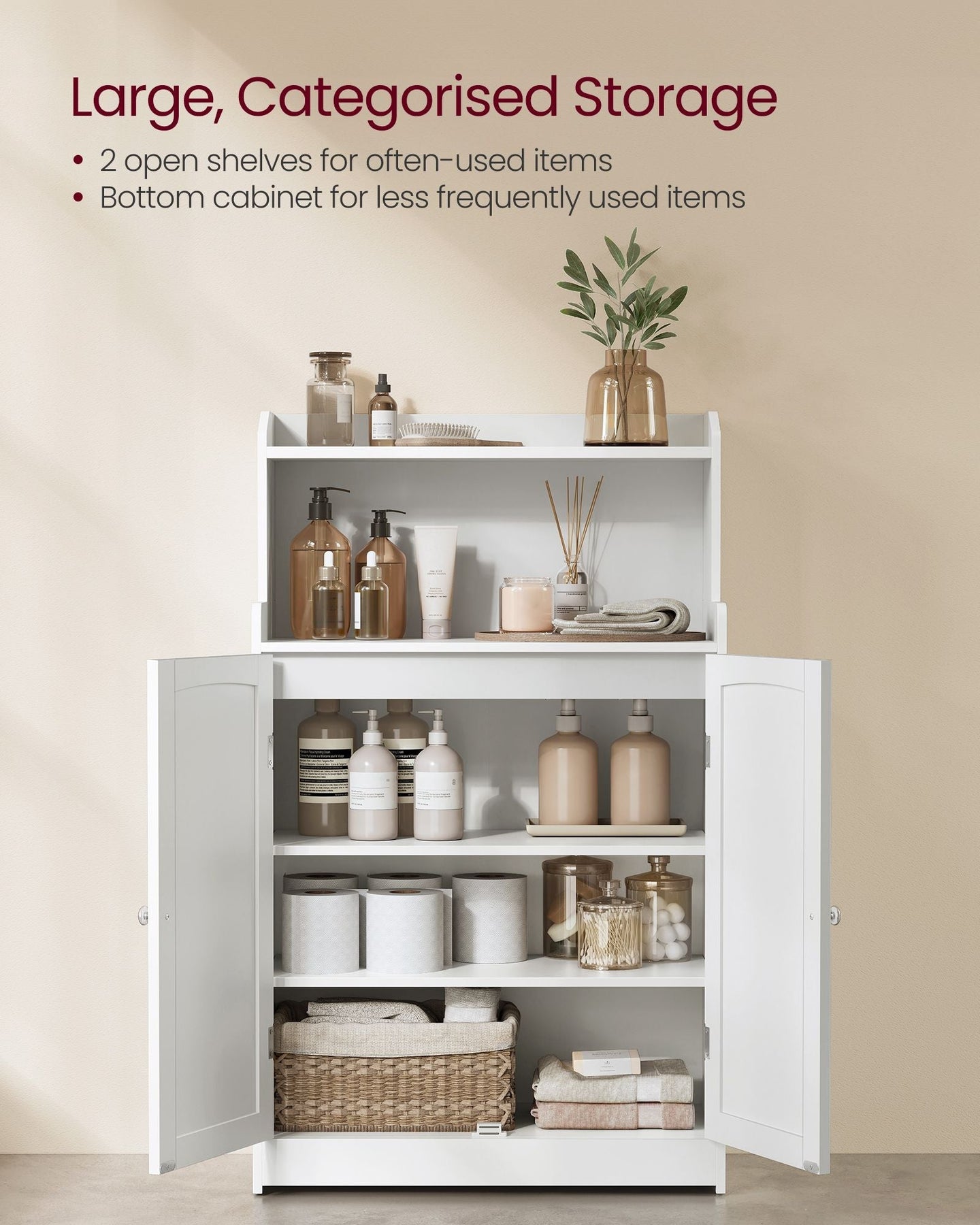 Bathroom Cabinet - Wood - Cloud White - 2-Door Design with Adjustable Shelves