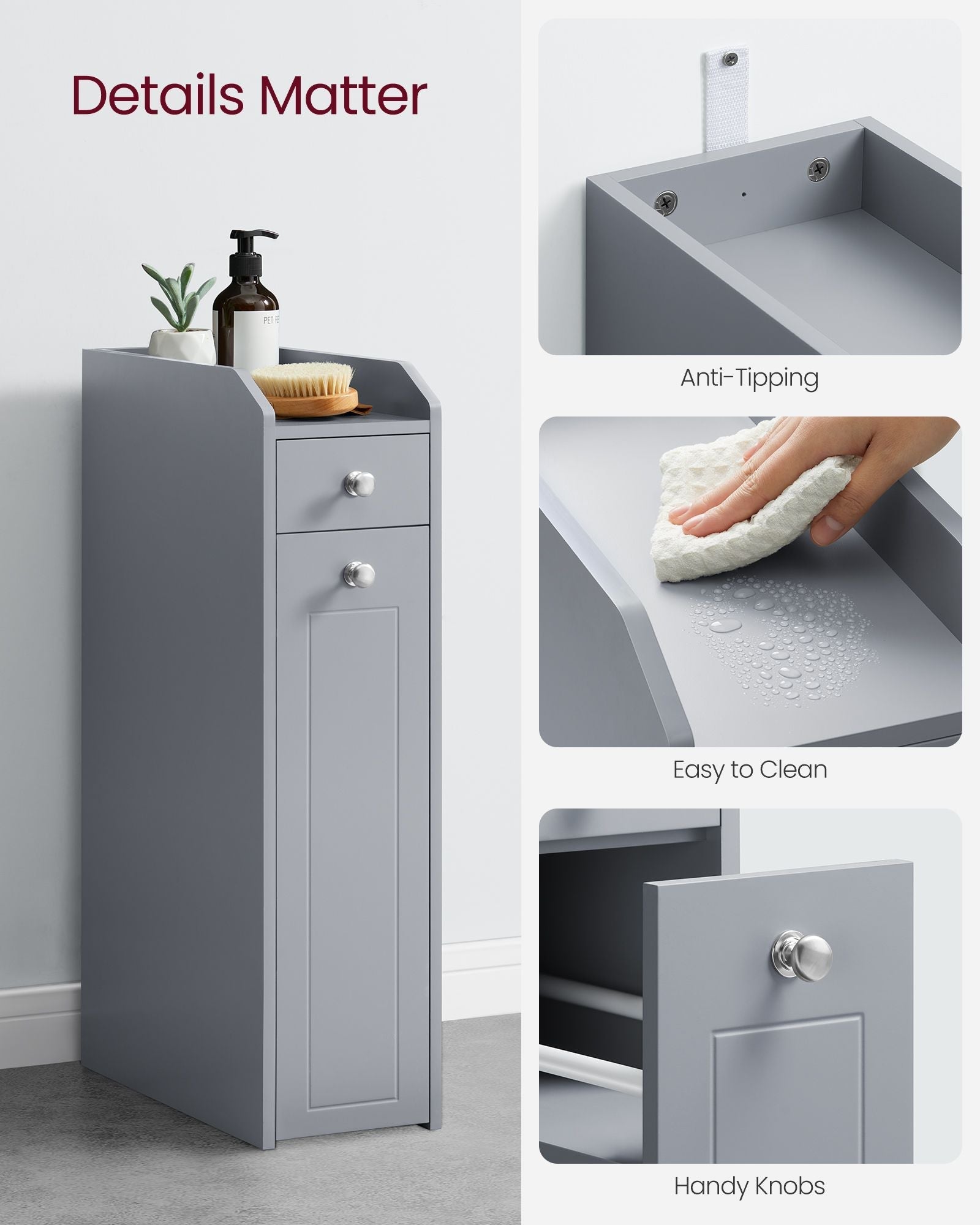 Freestanding Bathroom Cabinet - Wood - White - Slim Design with Slide Out Drawers