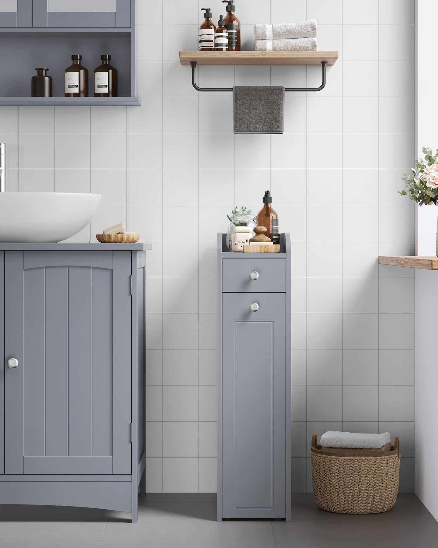 Freestanding Bathroom Cabinet - Wood - White - Slim Design with Slide Out Drawers