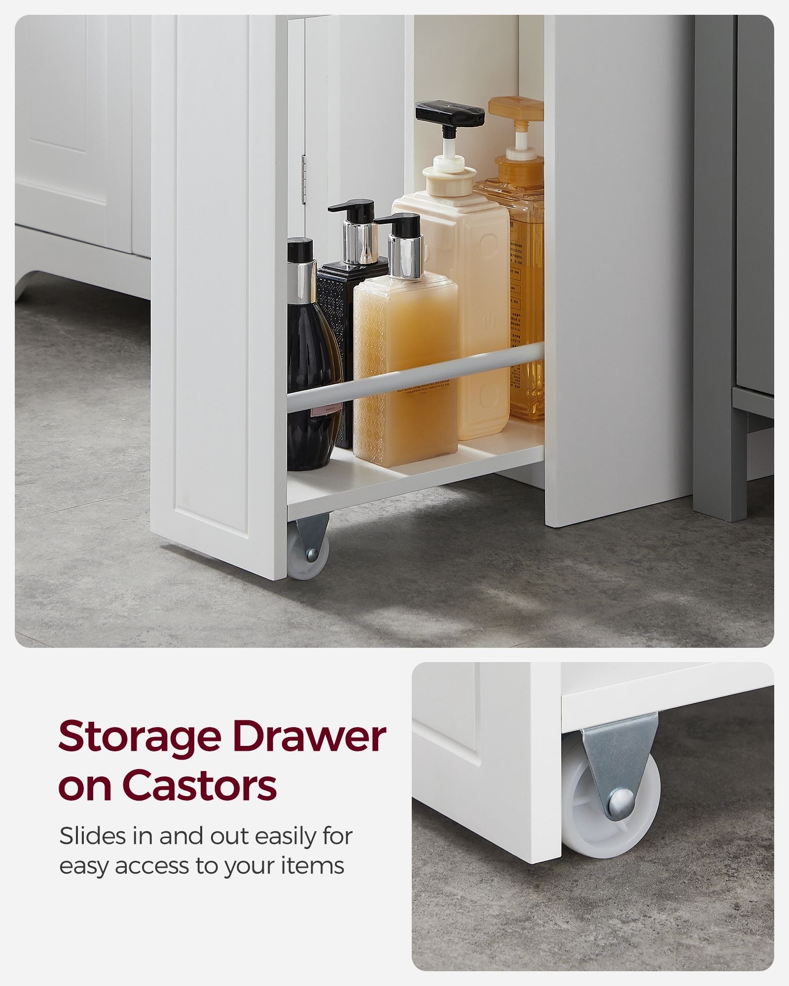 Slim Bathroom Storage Unit - Wood - White - Freestanding with Slide-Out Drawers for Small Spaces
