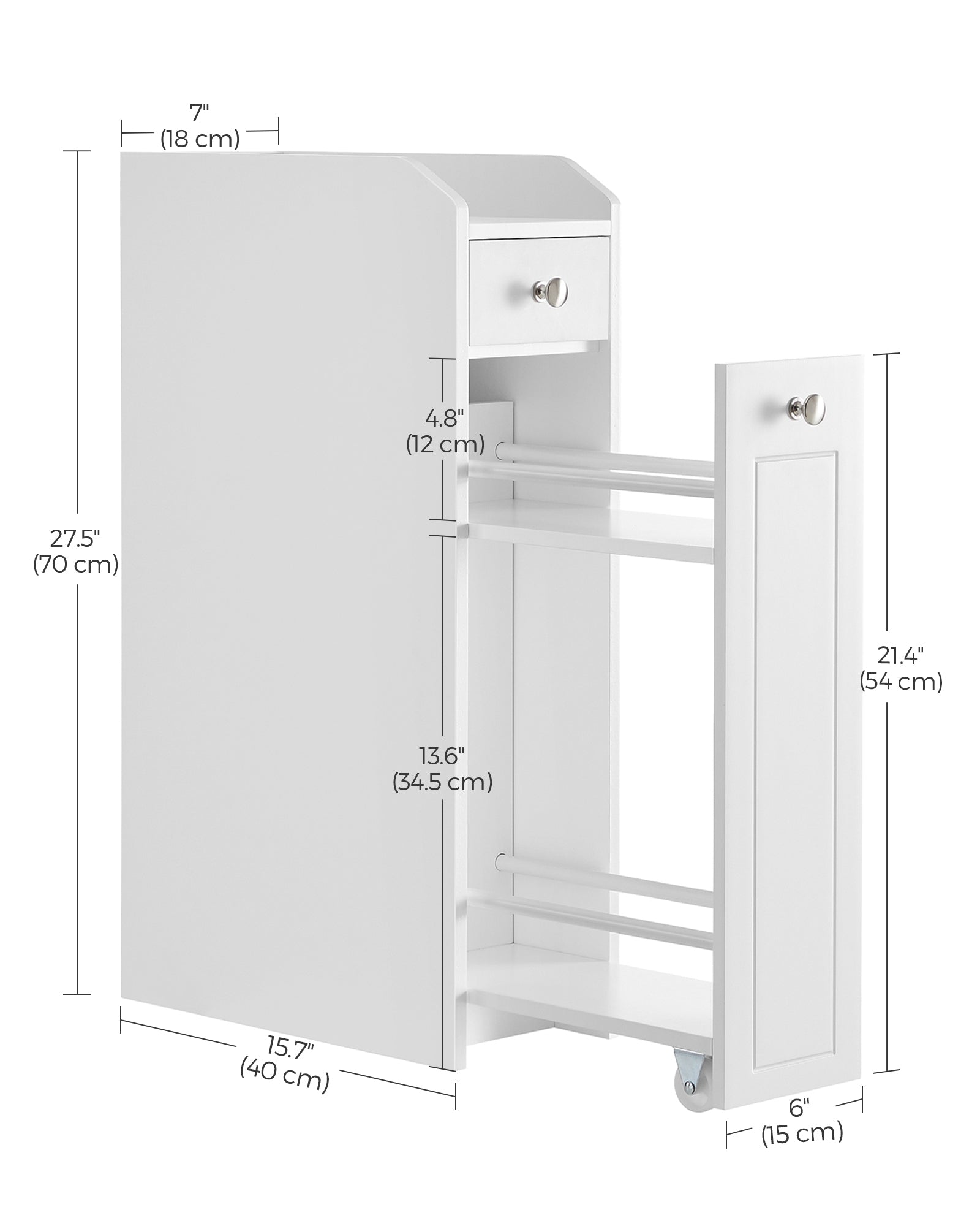 Slim Bathroom Storage Unit - Wood - White - Freestanding with Slide-Out Drawers for Small Spaces