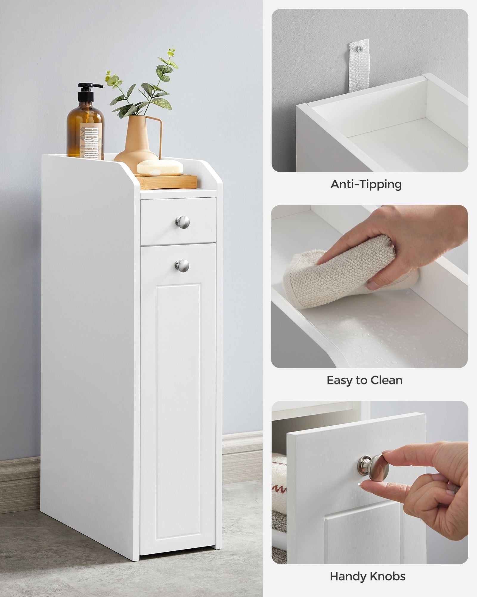 Slim Bathroom Storage Unit - Wood - White - Freestanding with Slide-Out Drawers for Small Spaces